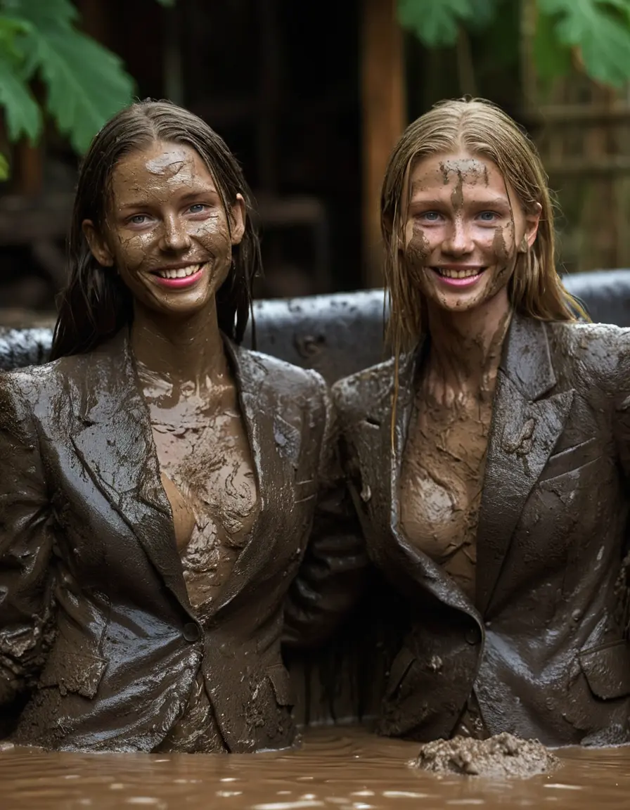photo of young woman, in soaking wet, drenched clothes,
, Long very muddy suit pants, Full muddy ruined fully-opened unbuttoned blazer like a fancy uniform over topless exposed small boobs., Muddy party in a dark muddy indoor disco club. Mud splashed walls, very dark mood lighting with pink and blue neon lights. Muddy furnitures and mud-covered chairs and sofas in the background., 
enjoying, wet clothes stuck to body,
detailed textures of the wet clothes, wet face, wet plastered hair,
wet, drenched, professional, high-quality details, full body view.
sharp focus, ultra-high pixel detail, realistic, high-quality, full colors, incredibly detailed, 4k, 8k, 16k, hyper-realistic, RAW photo, masterpiece, ultra-detailed, professionally color graded, professional photograph, Two young-looking pretty cute innocent blonde teen 14 years old beautiful girls are sitting submerged in a deep muddy hot tub after a full dip in it while they are hugging each other. Their waists are below the mud level. They are wearing their fully and heavily mud-covered unbuttoned and opened suits over their muddy topless boobs. Thick mud on their blazers and pants. Every small details of the clothes are muddy, muddy beautiful faces, muddy chests and boobs. Their blazer has the same colour as their muddy pants. They are proudly wearing their expensive open blazers. The classy elegant disco club is totally destroyed by mud, mud spots everywhere, mud flows down on the walls, mud on the furnitures in the background. Straight very long open wavy hairstyle, muddy hair, smiling and beautiful muddy faces, blue eyes, earrings, lipstick. The girls are enjoying to being total muddy in the muddy hot tub, being sexy, naughty while they are enjoying the muddy fetish party. Realistic muddy boobs and photorealistic detailed smiling facial expressions. Intimate close-up picture about the girls. Close-up photo, highly realistic representation, ultra sharp focus, highly photorealistic detailed textures, highly photorealistic detailed facial features and expressions, highly photorealistic hands, highly emotional reactions, highly best quality, highly sharp photorealistic image, highly photorealistic details, full UHD resolution, 32 K, very high level of detail and image sharpness, zoomed in