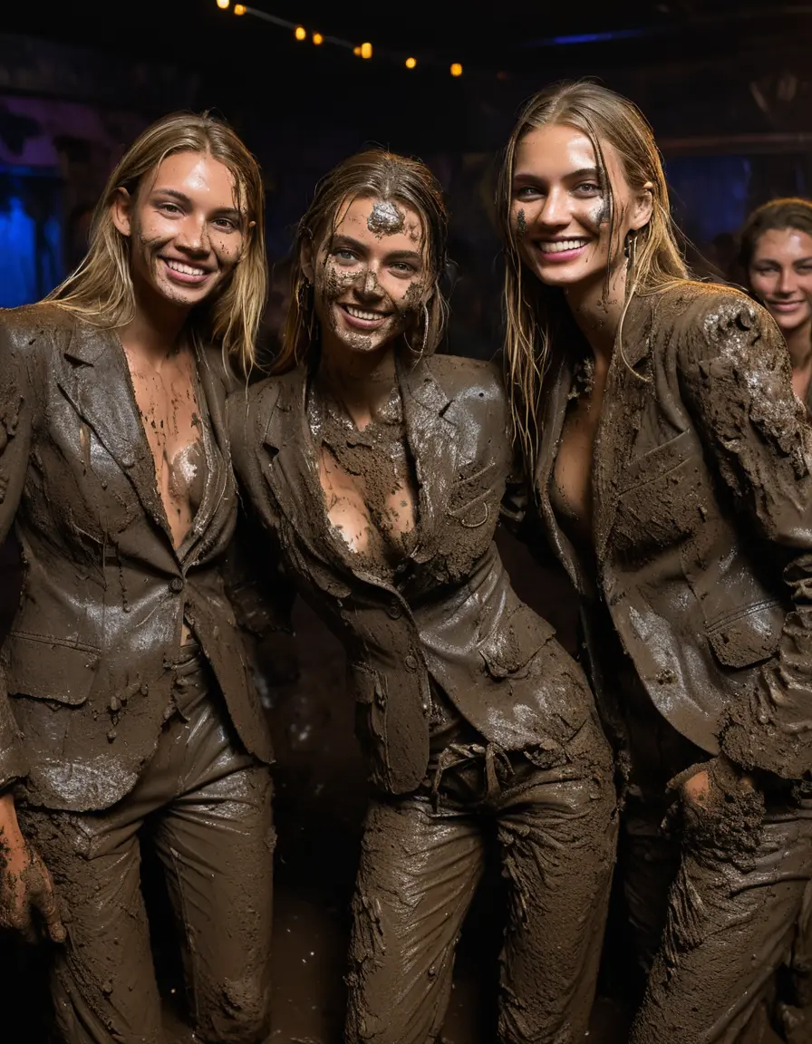 photo of young woman, in soaking wet, drenched clothes,
Muddy high heels, Long very muddy suit pants, Full muddy ruined fully-opened unbuttoned blazer like a fancy uniform over topless exposed small boobs., Dark muddy indoor disco club at night with a mud-filled deep pool on the dance floor. Mud splashed walls, very dark mood lighting with pink and blue neon lights from above. Muddy chairs and sofas in the background., 
enjoying, wet clothes stuck to body,
detailed textures of the wet clothes, wet face, wet plastered hair,
wet, drenched, professional, high-quality details, full body view.
sharp focus, ultra-high pixel detail, realistic, high-quality, full colors, incredibly detailed, 4k, 8k, 16k, hyper-realistic, RAW photo, masterpiece, ultra-detailed, professionally color graded, professional photograph, Two very young-looking pretty cute innocent blonde teen 18 years old beautiful girls are dancing together in a crowded deep muddy pool after a full dip during the crazy muddy indoor disco party at night and splashing each other with liquid mud. Their knees are below the mud level. They are proudly wearing their fully and heavily mud-covered unbuttoned and opened suits over their muddy topless small boobs. Thick mud on their blazers and pants. Every small details of the clothes are muddy, muddy beautiful faces, muddy chests and boobs. Their blazer has the same colour as their muddy pants. There are small group of similar muddy clubbing teen girls in the near background. The classy elegant disco club is totally destroyed by mud, mud spots everywhere, mud flows down on the walls, mud on the furnitures in the background. Straight very long open wavy hairstyle, muddy hair, smiling and beautiful muddy faces, blue eyes, earrings, lipstick. The girls are enjoying to being total muddy in the muddy pool, being sexy, naughty while they are enjoying the muddy fetish party. Realistic muddy boobs and photorealistic detailed smiling facial expressions. Intimate close-up picture about the girls. Close-up photo, highly realistic representation, ultra sharp focus, highly photorealistic detailed textures, highly photorealistic detailed facial features and expressions, highly photorealistic hands, highly emotional reactions, highly best quality, highly sharp photorealistic image, highly photorealistic details, full UHD resolution, 32 K, very high level of detail and image sharpness, zoomed in