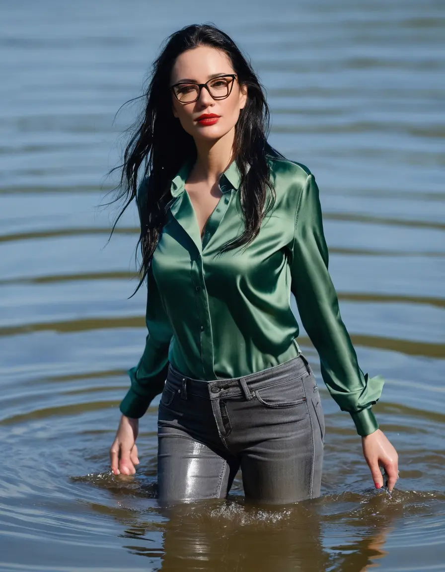 photo of young woman, in soaking wet, drenched clothes,
Stilletto heels, long gray tight jeans, green silk satin  shirt with long sleeves , walking in Sunny Deep lake, 
enjoying, wet clothes stuck to body,
detailed textures of the wet clothes, wet face, wet plastered hair,
wet, drenched, professional, high-quality details, full body view.
sharp focus, ultra-high pixel detail, realistic, high-quality, full colors, incredibly detailed, 4k, 8k, 16k, hyper-realistic, RAW photo, masterpiece, ultra-detailed, professionally color graded, professional photograph, woman 51 years old, long black hair, very big and thick lips, office light glasses, complete body