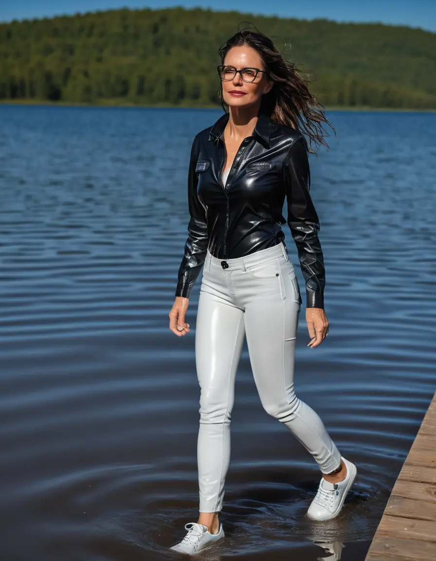 photo of young woman, in soaking wet, drenched clothes,
sport shoes, long tight white leather jeans, black leather jeans shirt with long sleeves, walking in sunny deep lake, 
enjoying, wet clothes stuck to body,
detailed textures of the wet clothes, wet face, wet plastered hair,
wet, drenched, professional, high-quality details, full body view.
sharp focus, ultra-high pixel detail, realistic, high-quality, full colors, incredibly detailed, 4k, 8k, 16k, hyper-realistic, RAW photo, masterpiece, ultra-detailed, professionally color graded, professional photograph, mature brunette woman, 51 years old, complete body, very big lips, office glasses