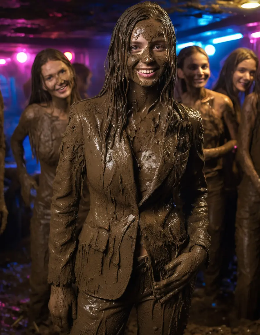 photo of young woman, in soaking wet, drenched clothes,
Muddy high heels, Long very muddy suit pants, Full muddy ruined fully-opened unbuttoned blazer like a fancy uniform over topless exposed small boobs., Dark muddy indoor disco club at night with a very deep mud pool on the dance floor. Mud splashed walls, dripping mud from above, very dark mood lighting with pink and blue neon lights from above., 
enjoying, wet clothes stuck to body,
detailed textures of the wet clothes, wet face, wet plastered hair,
wet, drenched, professional, high-quality details, full body view.
sharp focus, ultra-high pixel detail, realistic, high-quality, full colors, incredibly detailed, 4k, 8k, 16k, hyper-realistic, RAW photo, masterpiece, ultra-detailed, professionally color graded, professional photograph, Two very young-looking pretty cute innocent blonde teen 16 years old beautiful girls are standing together in a crowded deep muddy pool after a full dip during the crazy muddy indoor disco party at night and posing for a professional photo. Touching each other's boobs. Their legs and thighs are below the mud level of the pool. They are proudly wearing their fully and heavily mud-covered unbuttoned and opened suits over their exposed muddy topless small boobs. Thick mud on their blazers and pants. Every small details of the clothes are muddy, muddy beautiful faces, muddy chests and boobs. Their blazer has the same colour as their muddy pants. There are small group of similar muddy clubbing teen girls in the near background. The classy elegant disco club is totally destroyed by mud, mud spots everywhere, mud flows down on the walls, mud on the furnitures in the background. Straight very long open wavy hairstyle, muddy hair, smiling and beautiful muddy faces, blue eyes, earrings, lipstick. The girls are enjoying to being total muddy in the muddy pool, being sexy, naughty while they are enjoying the muddy fetish party. Realistic muddy boobs and photorealistic detailed smiling facial expressions. Intimate close-up picture about the girls. Close-up photo, highly realistic representation, ultra sharp focus, highly photorealistic detailed textures, highly photorealistic detailed facial features and expressions, highly photorealistic hands, highly emotional reactions, highly best quality, highly sharp photorealistic image, highly photorealistic details, full UHD resolution, 32 K, very high level of detail and image sharpness, zoomed in