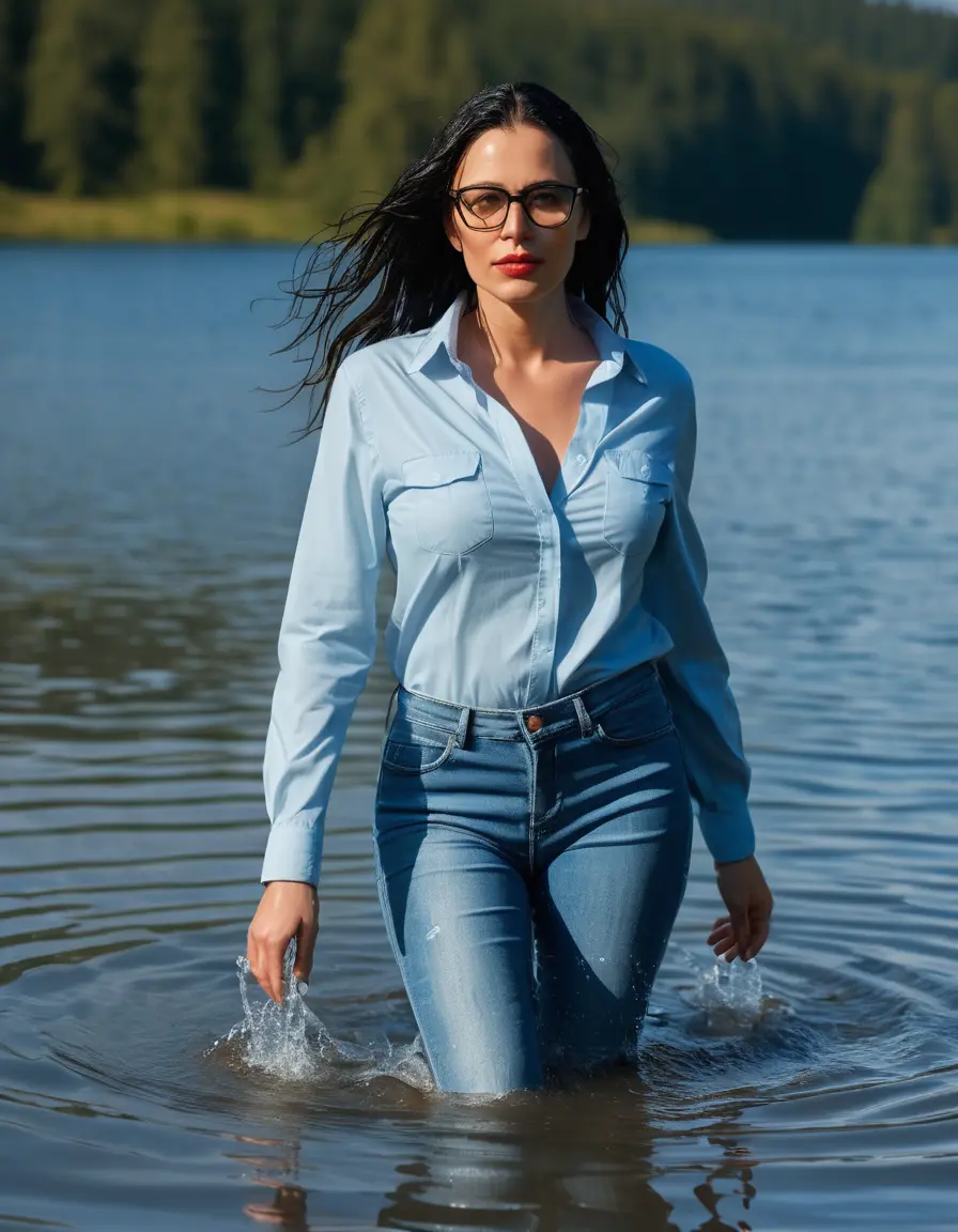 photo of young woman, in soaking wet, drenched clothes,
Stilletto heels, long light blue tight jeans, light blue jeans shirt with long sleeves over jeans, walking swimming complete submerged in Sunny Deep lake, 
enjoying, wet clothes stuck to body,
detailed textures of the wet clothes, wet face, wet plastered hair,
wet, drenched, professional, high-quality details, full body view.
sharp focus, ultra-high pixel detail, realistic, high-quality, full colors, incredibly detailed, 4k, 8k, 16k, hyper-realistic, RAW photo, masterpiece, ultra-detailed, professionally color graded, professional photograph, woman 51 years old, long black hair, very big and thick lips, office light glasses, complete body