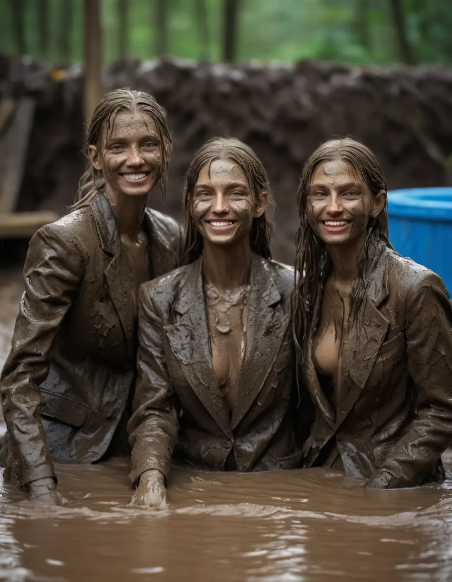 photo of young woman, in soaking wet, drenched clothes,
, Long very muddy suit pants, Full muddy ruined fully-opened unbuttoned blazer like a fancy uniform over topless with too large cleavage and exposed big boobs., Muddy party in a dark muddy indoor disco club. Mud splashed walls, very dark mood lighting with pink and blue neon lights. Muddy furnitures and mud-covered chairs and sofas in the background., 
enjoying, wet clothes stuck to body,
detailed textures of the wet clothes, wet face, wet plastered hair,
wet, drenched, professional, high-quality details, full body view.
sharp focus, ultra-high pixel detail, realistic, high-quality, full colors, incredibly detailed, 4k, 8k, 16k, hyper-realistic, RAW photo, masterpiece, ultra-detailed, professionally color graded, professional photograph, Two young-looking pretty cute innocent blonde teen 16 years old beautiful girls are sitting submerged in a deep muddy hot tub after a full dip in it while they are hugging each other. Their waists are below the mud level. They are wearing their fully and heavily mud-covered opened suits with too large and wide cleavages. Thick mud on their blazers. Every small details of the clothes are muddy, muddy faces, muddy chests and boobs. Their blazer has the same colour as their muddy pants. They are proudly wearing their expensive open blazers and flaunting their large cleavages. The classy elegant disco club is totally destroyed by mud, mud spots everywhere, mud flows down on the walls, mud on the furnitures in the background. Straight very long open wavy hairstyle, muddy hair, smiling and beautiful muddy childish faces, blue eyes, earrings, lipstick. The girls are enjoying to being total muddy in the muddy hot tub, being sexy, naughty while they are enjoying the muddy fetish party. Realistic muddy boobs and photorealistic detailed smiling facial expressions. Intimate close-up picture about the girls. Close-up photo, highly realistic representation, ultra sharp focus, highly photorealistic detailed textures, highly photorealistic detailed facial features and expressions, highly photorealistic hands, highly emotional reactions, highly best quality, highly sharp photorealistic image, highly photorealistic details, full UHD resolution, 32 K, very high level of detail and image sharpness, zoomed in