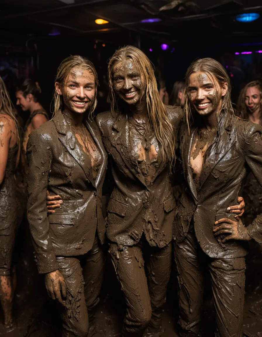 photo of young woman, in soaking wet, drenched clothes,
Muddy high heels, Long very muddy suit pants, Full muddy ruined fully-opened unbuttoned blazer like a fancy uniform over topless exposed small boobs., Dark muddy indoor disco club at night with a mud-filled deep pool on the dance floor. Mud splashed walls, very dark mood lighting with pink and blue neon lights from above. Muddy chairs and sofas in the background., 
enjoying, wet clothes stuck to body,
detailed textures of the wet clothes, wet face, wet plastered hair,
wet, drenched, professional, high-quality details, full body view.
sharp focus, ultra-high pixel detail, realistic, high-quality, full colors, incredibly detailed, 4k, 8k, 16k, hyper-realistic, RAW photo, masterpiece, ultra-detailed, professionally color graded, professional photograph, Two very young-looking pretty cute innocent blonde teen 18 years old beautiful girls are dancing together in a crowded knee-deep muddy pool after a full dip during the crazy muddy indoor disco party at night and splashing each other with liquid mud. Their knees are below the mud level. They are proudly wearing their fully and heavily mud-covered unbuttoned and opened suits over their muddy topless small boobs. Thick mud on their blazers and pants. Every small details of the clothes are muddy, muddy beautiful faces, muddy chests and boobs. Their blazer has the same colour as their muddy pants. There are small group of similar muddy clubbing teen girls in the near background. The classy elegant disco club is totally destroyed by mud, mud spots everywhere, mud flows down on the walls, mud on the furnitures in the background. Straight very long open wavy hairstyle, muddy hair, smiling and beautiful muddy faces, blue eyes, earrings, lipstick. The girls are enjoying to being total muddy in the muddy pool, being sexy, naughty while they are enjoying the muddy fetish party. Realistic muddy boobs and photorealistic detailed smiling facial expressions. Intimate close-up picture about the girls. Close-up photo, highly realistic representation, ultra sharp focus, highly photorealistic detailed textures, highly photorealistic detailed facial features and expressions, highly photorealistic hands, highly emotional reactions, highly best quality, highly sharp photorealistic image, highly photorealistic details, full UHD resolution, 32 K, very high level of detail and image sharpness, zoomed in