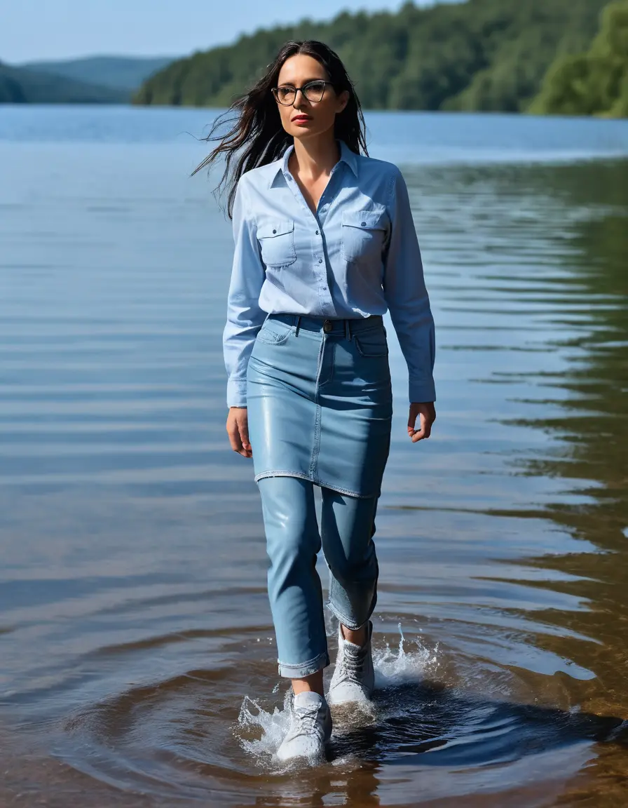 photo of young woman, in soaking wet, drenched clothes,
Sport shoes , long light blue leather jeans skirt, Light blue jeans shirt with long sleeves , walking in Sunny Deep lake, 
enjoying, wet clothes stuck to body,
detailed textures of the wet clothes, wet face, wet plastered hair,
wet, drenched, professional, high-quality details, full body view.
sharp focus, ultra-high pixel detail, realistic, high-quality, full colors, incredibly detailed, 4k, 8k, 16k, hyper-realistic, RAW photo, masterpiece, ultra-detailed, professionally color graded, professional photograph, woman 51 years old, medium black hair, very big and thick lips, office light glasses, complete body