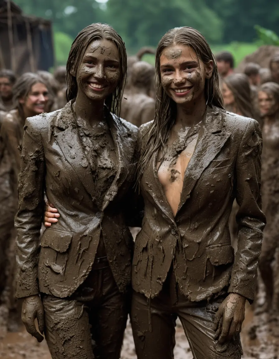 photo of young woman, in soaking wet, drenched clothes,
Muddy high heels, Long very muddy suit pants, Full muddy ruined fully-opened unbuttoned blazer like a fancy uniform over topless exposed small boobs., Dark muddy indoor disco club at night with a mud-filled deep pool on the dance floor. Mud splashed walls, very dark mood lighting with pink and blue neon lights. Muddy furnitures and mud-covered chairs and sofas in the background., 
enjoying, wet clothes stuck to body,
detailed textures of the wet clothes, wet face, wet plastered hair,
wet, drenched, professional, high-quality details, full body view.
sharp focus, ultra-high pixel detail, realistic, high-quality, full colors, incredibly detailed, 4k, 8k, 16k, hyper-realistic, RAW photo, masterpiece, ultra-detailed, professionally color graded, professional photograph, Two young-looking pretty cute innocent blonde teen 16 years old beautiful girls are playing together in a crowded deep muddy pool after a full dip in it while they are hugging each other during the muddy indoor disco party at night. Their waists are below the mud level. They are proudly wearing their fully and heavily mud-covered unbuttoned and opened suits over their muddy topless small boobs. Thick mud on their blazers and pants. Every small details of the clothes are muddy, muddy beautiful faces, muddy chests and boobs. Their blazer has the same colour as their muddy pants. There are small group of similar muddy clubbing teen girls in the near background. The classy elegant disco club is totally destroyed by mud, mud spots everywhere, mud flows down on the walls, mud on the furnitures in the background. Straight very long open wavy hairstyle, muddy hair, smiling and beautiful muddy faces, blue eyes, earrings, lipstick. The girls are enjoying to being total muddy in the muddy pool, being sexy, naughty while they are enjoying the muddy fetish party. Realistic muddy boobs and photorealistic detailed smiling facial expressions. Intimate close-up picture about the girls. Close-up photo, highly realistic representation, ultra sharp focus, highly photorealistic detailed textures, highly photorealistic detailed facial features and expressions, highly photorealistic hands, highly emotional reactions, highly best quality, highly sharp photorealistic image, highly photorealistic details, full UHD resolution, 32 K, very high level of detail and image sharpness, zoomed in