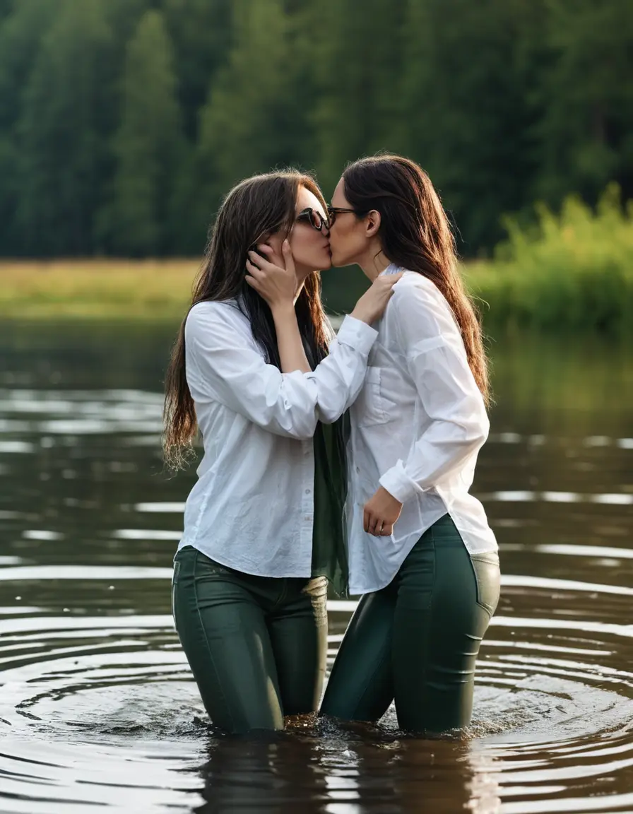photo of young woman, in soaking wet, drenched clothes,
sneaker, white wet tight jeans , dark green jeans shirt with long sleeves, two women kissing in sunny lake, rainy sunny day, 
enjoying, wet clothes stuck to body,
detailed textures of the wet clothes, wet face, wet plastered hair,
wet, drenched, professional, high-quality details, full body view.
sharp focus, ultra-high pixel detail, realistic, high-quality, full colors, incredibly detailed, 4k, 8k, 16k, hyper-realistic, RAW photo, masterpiece, ultra-detailed, professionally color graded, professional photograph, women 51 years old, dark brown long straight hair, complete body, very big lips, office light glasses, open mouth