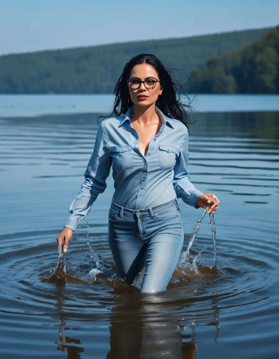 photo of young woman, in soaking wet, drenched clothes,
Stilletto heels, long light blue tight jeans, light blue jeans shirt with long sleeves over jeans, walking swimming complete submerged in Sunny Deep lake, 
enjoying, wet clothes stuck to body,
detailed textures of the wet clothes, wet face, wet plastered hair,
wet, drenched, professional, high-quality details, full body view.
sharp focus, ultra-high pixel detail, realistic, high-quality, full colors, incredibly detailed, 4k, 8k, 16k, hyper-realistic, RAW photo, masterpiece, ultra-detailed, professionally color graded, professional photograph, woman 51 years old, long black hair, very big and thick lips, office light glasses, complete body