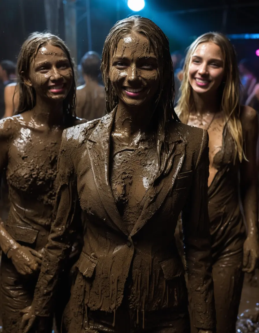 photo of young woman, in soaking wet, drenched clothes,
Muddy high heels, Long very muddy suit pants, Full muddy ruined fully-opened unbuttoned blazer like a fancy uniform over topless exposed small boobs., Dark muddy indoor disco club at night with a very deep mud pool on the dance floor. Mud splashed walls, dripping mud from above, very dark mood lighting with pink and blue neon lights from above., 
enjoying, wet clothes stuck to body,
detailed textures of the wet clothes, wet face, wet plastered hair,
wet, drenched, professional, high-quality details, full body view.
sharp focus, ultra-high pixel detail, realistic, high-quality, full colors, incredibly detailed, 4k, 8k, 16k, hyper-realistic, RAW photo, masterpiece, ultra-detailed, professionally color graded, professional photograph, Two very young-looking pretty cute innocent blonde teen 16 years old beautiful girls are standing together and hugging in a crowded deep muddy pool after a full dip during the crazy muddy indoor disco party at night for a professional photo. Their legs and thighs are below the mud level of the pool. They are proudly wearing their fully and heavily mud-covered unbuttoned and opened suits over their exposed muddy topless small boobs. Thick mud on their blazers and pants. Every small details of the clothes are muddy, muddy beautiful faces, muddy chests and boobs. Their blazer has the same colour as their muddy pants. There are small group of similar muddy clubbing teen girls in the near background. The classy elegant disco club is totally destroyed by mud, mud spots everywhere, mud flows down on the walls, mud on the furnitures in the background. Straight very long open wavy hairstyle, muddy hair, smiling and beautiful muddy faces, blue eyes, earrings, lipstick. The girls are enjoying to being total muddy in the muddy pool, being sexy, naughty while they are enjoying the muddy fetish party. Realistic muddy boobs and photorealistic detailed smiling facial expressions. Intimate close-up picture about the girls. Close-up photo, highly realistic representation, ultra sharp focus, highly photorealistic detailed textures, highly photorealistic detailed facial features and expressions, highly photorealistic hands, highly emotional reactions, highly best quality, highly sharp photorealistic image, highly photorealistic details, full UHD resolution, 32 K, very high level of detail and image sharpness, zoomed in