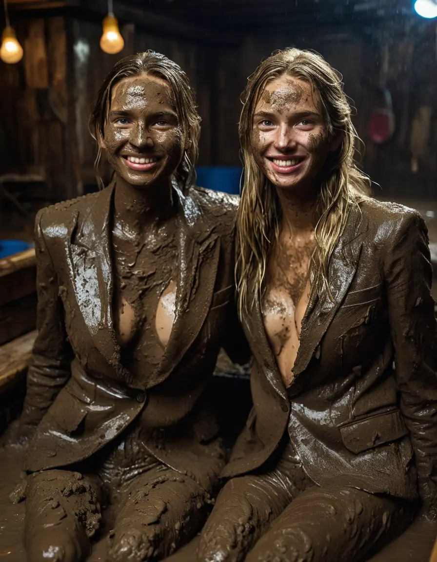 photo of young woman, in soaking wet, drenched clothes,
, Long very muddy suit pants, Full muddy ruined fully-opened unbuttoned blazer like a fancy uniform over topless with too large cleavage and exposed big boobs., Muddy party in a dark muddy indoor disco club. Mud splashed walls, very dark mood lighting with pink and blue neon lights. Muddy furnitures and mud-covered chairs and sofas in the background., 
enjoying, wet clothes stuck to body,
detailed textures of the wet clothes, wet face, wet plastered hair,
wet, drenched, professional, high-quality details, full body view.
sharp focus, ultra-high pixel detail, realistic, high-quality, full colors, incredibly detailed, 4k, 8k, 16k, hyper-realistic, RAW photo, masterpiece, ultra-detailed, professionally color graded, professional photograph, Two young-looking pretty cute innocent blonde teen 16 years old beautiful girls are sitting submerged in a deep muddy hot tub after a full dip in it while they are hugging each other. Their waists are below the mud level. They are wearing their fully and heavily mud-covered opened suits with too large and wide cleavages. Thick mud on their blazers. Every small details of the clothes are muddy, muddy faces, muddy chests and boobs. Their blazer has the same colour as their muddy pants. They are proudly wearing their expensive open blazers and flaunting their large cleavages. The classy elegant disco club is totally destroyed by mud, mud spots everywhere, mud flows down on the walls, mud on the furnitures in the background. Straight very long open wavy hairstyle, muddy hair, smiling and beautiful muddy childish faces, blue eyes, earrings, lipstick. The girls are enjoying to being total muddy in the muddy hot tub, being sexy, naughty while they are enjoying the muddy fetish party. Realistic muddy boobs and photorealistic detailed smiling facial expressions. Intimate close-up picture about the girls. Close-up photo, highly realistic representation, ultra sharp focus, highly photorealistic detailed textures, highly photorealistic detailed facial features and expressions, highly photorealistic hands, highly emotional reactions, highly best quality, highly sharp photorealistic image, highly photorealistic details, full UHD resolution, 32 K, very high level of detail and image sharpness, zoomed in