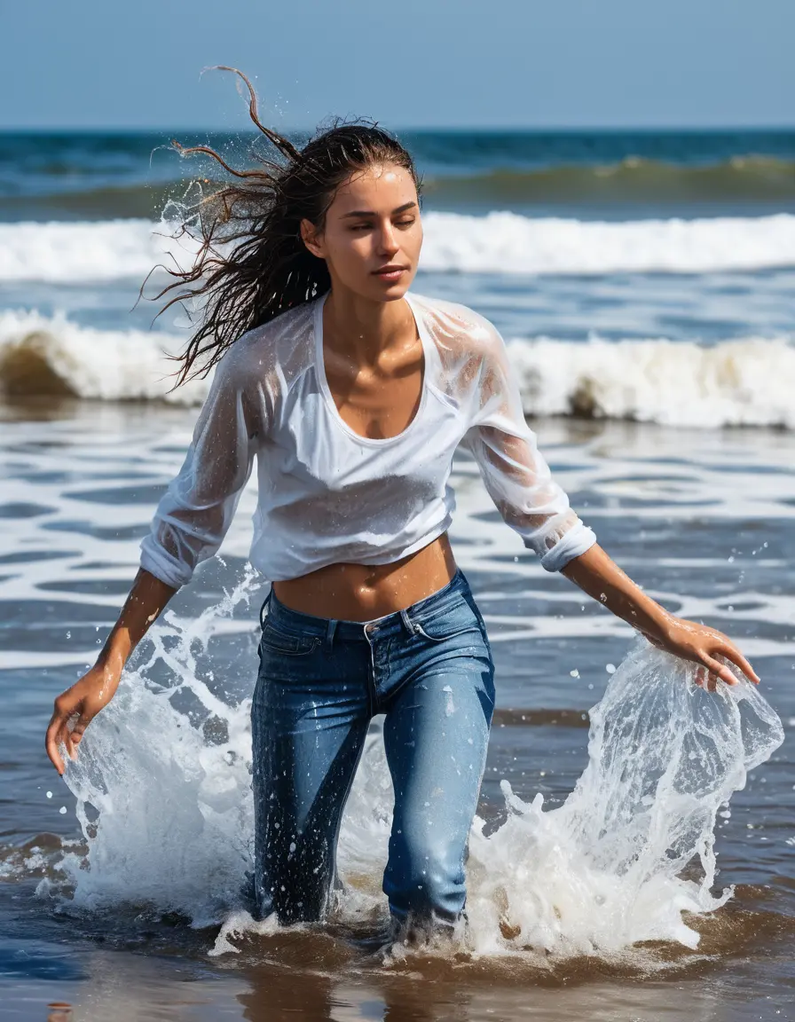 photo of young woman, in soaking wet, drenched clothes,
White sneakers , Drenched Glistening long Skinny blue jeans , Transparent White top, Beach small waves, 
enjoying, wet clothes stuck to body,
detailed textures of the wet clothes, wet face, wet plastered hair,
wet, drenched, professional, high-quality details, full body view.
sharp focus, ultra-high pixel detail, realistic, high-quality, full colors, incredibly detailed, 4k, 8k, 16k, hyper-realistic, RAW photo, masterpiece, ultra-detailed, professionally color graded, professional photograph, Skandinavien Athletic Woman Splashing in knee deep water 