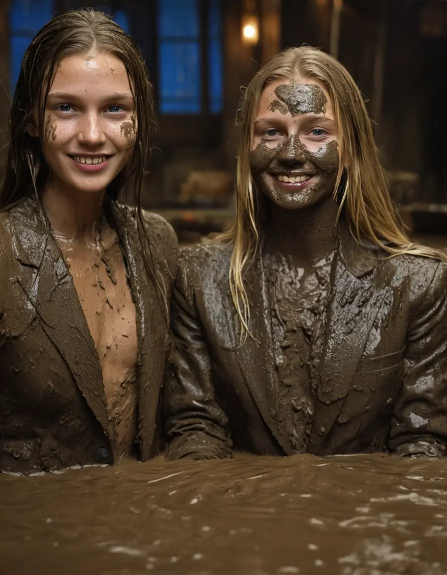 photo of young woman, in soaking wet, drenched clothes,
, Long very muddy suit pants, Full muddy ruined fully-opened unbuttoned blazer like a fancy uniform over topless exposed small boobs., Muddy party in a dark muddy indoor disco club. Mud splashed walls, very dark mood lighting with pink and blue neon lights. Muddy furnitures and mud-covered chairs and sofas in the background., 
enjoying, wet clothes stuck to body,
detailed textures of the wet clothes, wet face, wet plastered hair,
wet, drenched, professional, high-quality details, full body view.
sharp focus, ultra-high pixel detail, realistic, high-quality, full colors, incredibly detailed, 4k, 8k, 16k, hyper-realistic, RAW photo, masterpiece, ultra-detailed, professionally color graded, professional photograph, Two young-looking pretty cute innocent blonde teen 14 years old beautiful girls are sitting submerged in a deep muddy hot tub after a full dip in it while they are hugging each other. Their waists are below the mud level. They are wearing their fully and heavily mud-covered unbuttoned and opened suits over their muddy topless boobs. Thick mud on their blazers and pants. Every small details of the clothes are muddy, muddy beautiful faces, muddy chests and boobs. Their blazer has the same colour as their muddy pants. They are proudly wearing their expensive open blazers. The classy elegant disco club is totally destroyed by mud, mud spots everywhere, mud flows down on the walls, mud on the furnitures in the background. Straight very long open wavy hairstyle, muddy hair, smiling and beautiful muddy faces, blue eyes, earrings, lipstick. The girls are enjoying to being total muddy in the muddy hot tub, being sexy, naughty while they are enjoying the muddy fetish party. Realistic muddy boobs and photorealistic detailed smiling facial expressions. Intimate close-up picture about the girls. Close-up photo, highly realistic representation, ultra sharp focus, highly photorealistic detailed textures, highly photorealistic detailed facial features and expressions, highly photorealistic hands, highly emotional reactions, highly best quality, highly sharp photorealistic image, highly photorealistic details, full UHD resolution, 32 K, very high level of detail and image sharpness, zoomed in