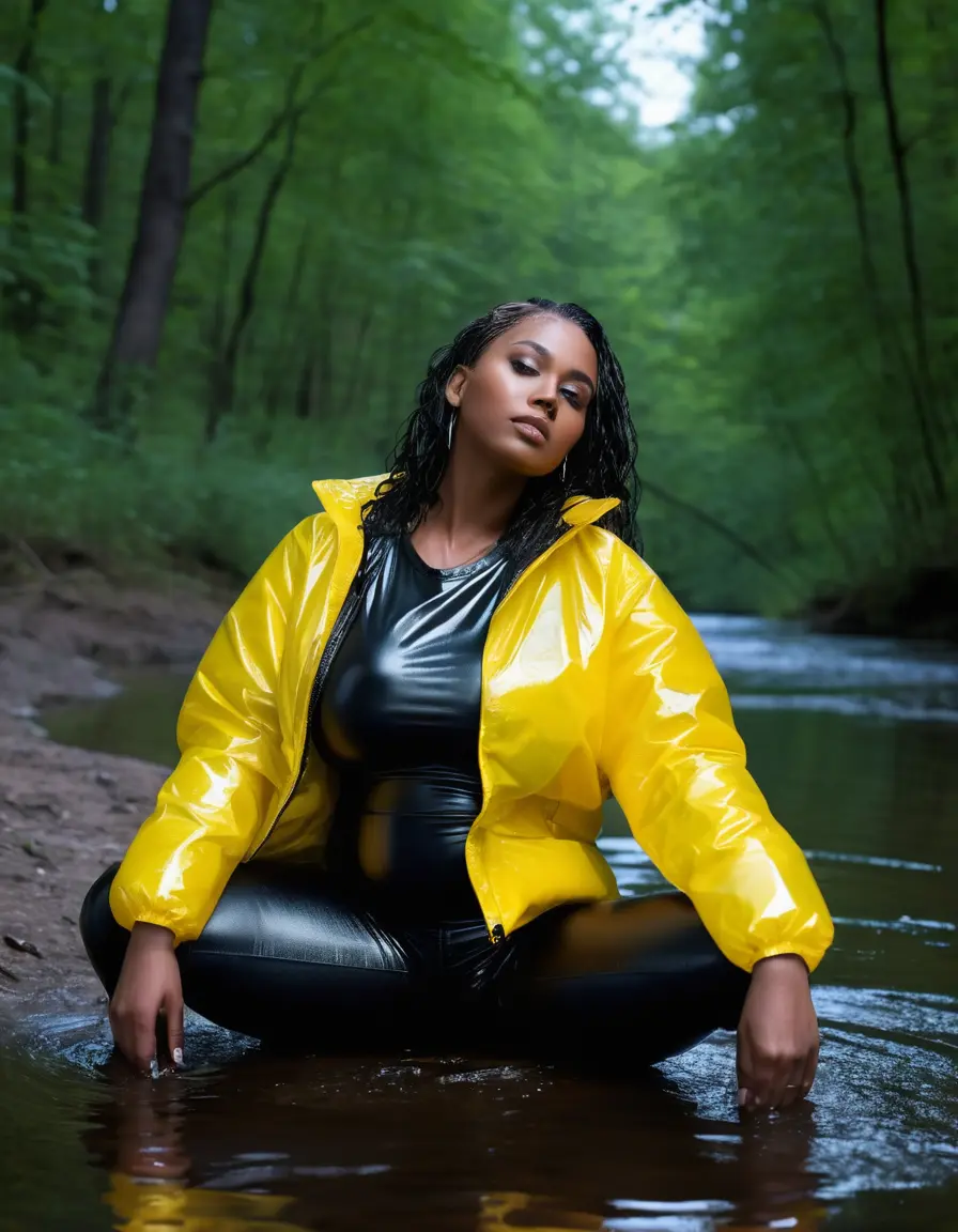 photo of young woman, in soaking wet, drenched clothes,
high heels, leather leggings, yellow transparent t-shirt, black wet shiny pvc puffer jacket, 4 women undressing each other, sitting in a forest river at night., 
enjoying, wet clothes stuck to body,
detailed textures of the wet clothes, wet face, wet plastered hair,
wet, drenched, professional, high-quality details, full body view.
sharp focus, ultra-high pixel detail, realistic, high-quality, full colors, incredibly detailed, 4k, 8k, 16k, hyper-realistic, RAW photo, masterpiece, ultra-detailed, professionally color graded, professional photograph, 65 years old fat black mature, big boobs
