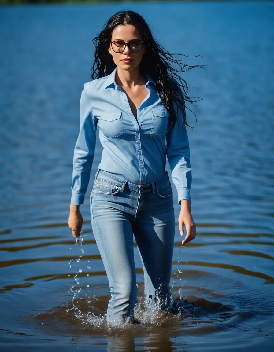 photo of young woman, in soaking wet, drenched clothes,
Stilletto heels, long light blue tight jeans, light blue jeans shirt with long sleeves over jeans, walking in Sunny Deep lake, 
enjoying, wet clothes stuck to body,
detailed textures of the wet clothes, wet face, wet plastered hair,
wet, drenched, professional, high-quality details, full body view.
sharp focus, ultra-high pixel detail, realistic, high-quality, full colors, incredibly detailed, 4k, 8k, 16k, hyper-realistic, RAW photo, masterpiece, ultra-detailed, professionally color graded, professional photograph, woman 51 years old, long black hair, very big and thick lips, office light glasses, complete body