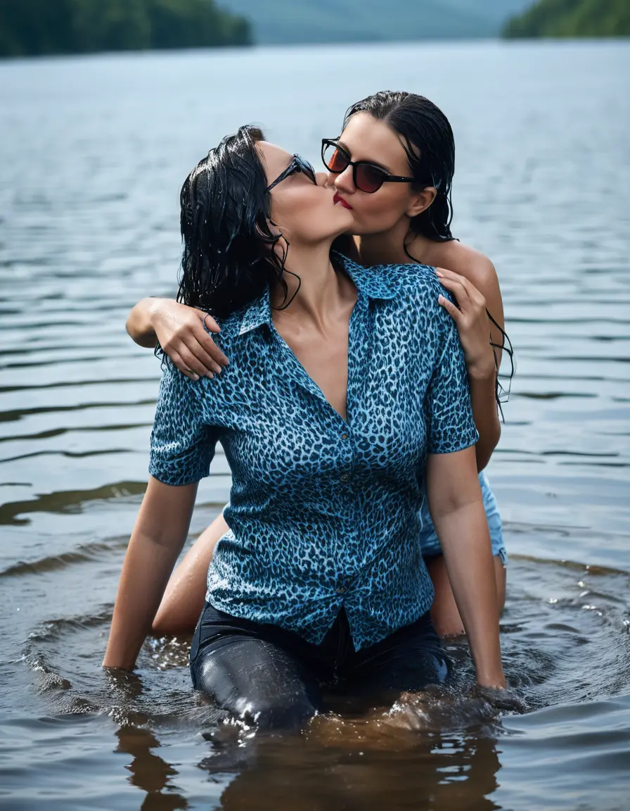 photo of young woman, in soaking wet, drenched clothes,
Stilletto heels, long light blue tight jeans, leopard printed top with short sleeves , kissing in Sunny Deep lake, 
enjoying, wet clothes stuck to body,
detailed textures of the wet clothes, wet face, wet plastered hair,
wet, drenched, professional, high-quality details, full body view.
sharp focus, ultra-high pixel detail, realistic, high-quality, full colors, incredibly detailed, 4k, 8k, 16k, hyper-realistic, RAW photo, masterpiece, ultra-detailed, professionally color graded, professional photograph, two women 51 years old, medium black hair, very big and thick lips, office light glasses, complete body
