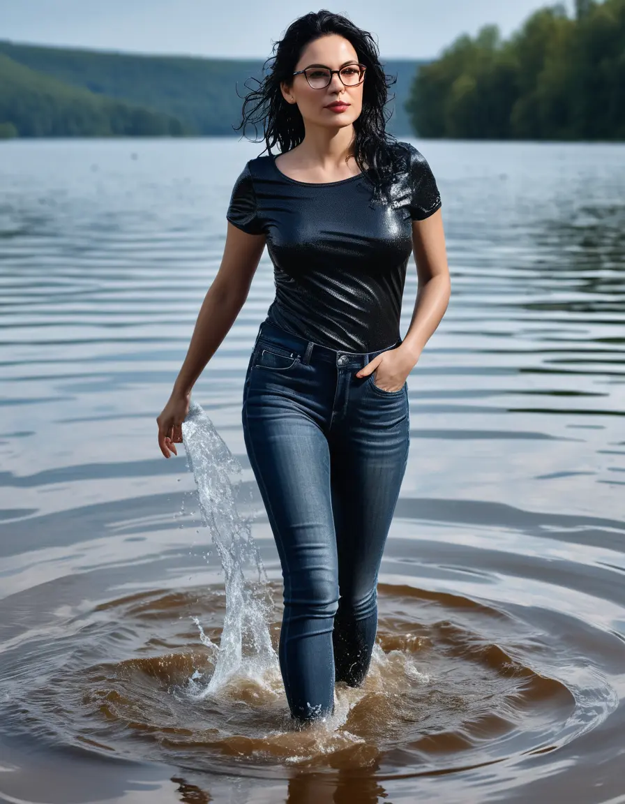 photo of young woman, in soaking wet, drenched clothes,
Stilletto heels, long light dark blue tight jeans, black top with short sleeves , walking in Sunny Deep lake, 
enjoying, wet clothes stuck to body,
detailed textures of the wet clothes, wet face, wet plastered hair,
wet, drenched, professional, high-quality details, full body view.
sharp focus, ultra-high pixel detail, realistic, high-quality, full colors, incredibly detailed, 4k, 8k, 16k, hyper-realistic, RAW photo, masterpiece, ultra-detailed, professionally color graded, professional photograph, woman 51 years old, medium black hair, very big and thick lips, office light glasses, complete body
