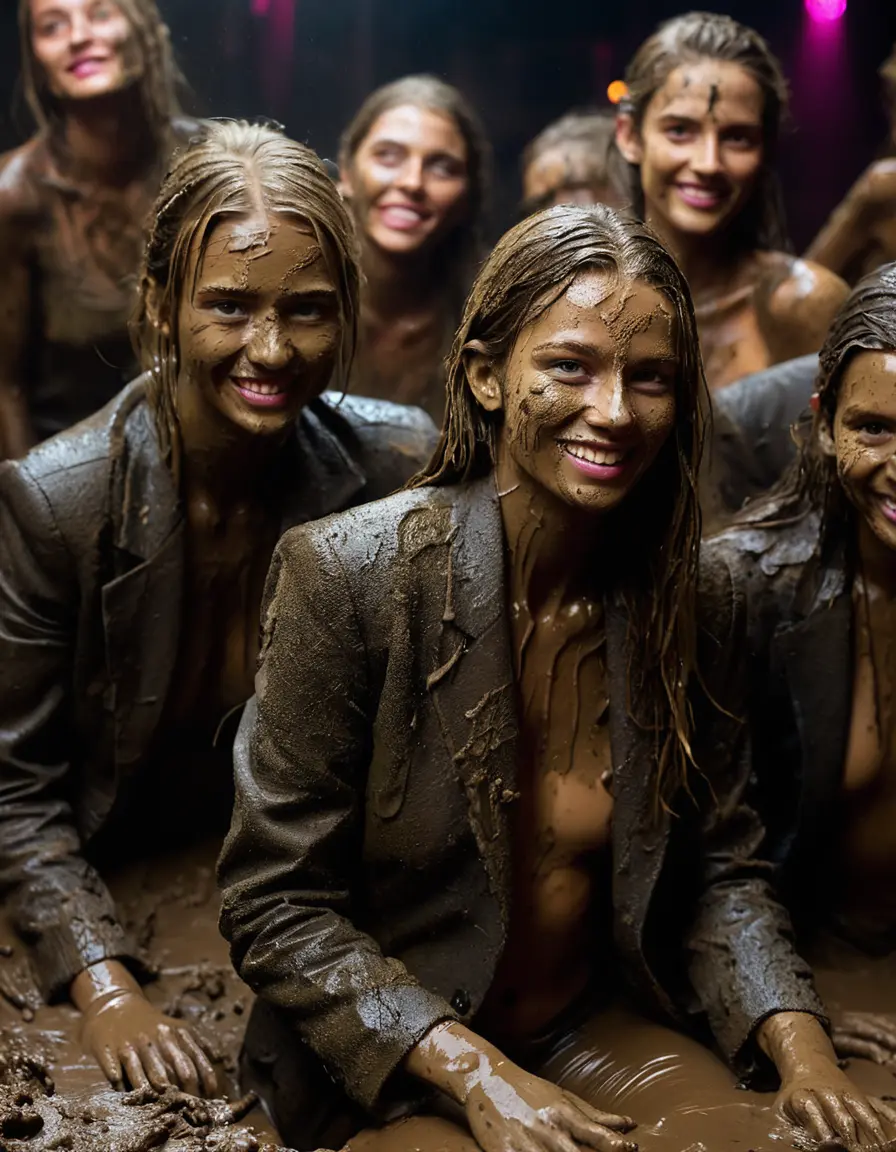 photo of young woman, in soaking wet, drenched clothes,
Muddy high heels, Long very muddy suit pants, Full muddy ruined fully-opened unbuttoned blazer like a fancy uniform over topless exposed small boobs., Dark muddy indoor disco club at night with a mud-filled deep pool on the dance floor. Mud splashed walls, very dark mood lighting with pink and blue neon lights from above. Muddy chairs and sofas in the background., 
enjoying, wet clothes stuck to body,
detailed textures of the wet clothes, wet face, wet plastered hair,
wet, drenched, professional, high-quality details, full body view.
sharp focus, ultra-high pixel detail, realistic, high-quality, full colors, incredibly detailed, 4k, 8k, 16k, hyper-realistic, RAW photo, masterpiece, ultra-detailed, professionally color graded, professional photograph, Two very young-looking pretty cute innocent blonde teen 14 years old beautiful girls are sitting and posing erotically together in a crowded deep muddy pool after a full dip during the crazy muddy indoor disco party at night for a professional photo. Their waists are below the mud level. They are proudly wearing their fully and heavily mud-covered unbuttoned and opened suits over their muddy topless small boobs. Thick mud on their blazers and pants. Every small details of the clothes are muddy, muddy beautiful faces, muddy chests and boobs. Their blazer has the same colour as their muddy pants. There are small group of similar muddy clubbing teen girls in the near background. The classy elegant disco club is totally destroyed by mud, mud spots everywhere, mud flows down on the walls, mud on the furnitures in the background. Straight very long open wavy hairstyle, muddy hair, smiling and beautiful muddy faces, blue eyes, earrings, lipstick. The girls are enjoying to being total muddy in the muddy pool, being sexy, naughty while they are enjoying the muddy fetish party. Realistic muddy boobs and photorealistic detailed smiling facial expressions. Intimate close-up picture about the girls. Close-up photo, highly realistic representation, ultra sharp focus, highly photorealistic detailed textures, highly photorealistic detailed facial features and expressions, highly photorealistic hands, highly emotional reactions, highly best quality, highly sharp photorealistic image, highly photorealistic details, full UHD resolution, 32 K, very high level of detail and image sharpness, zoomed in