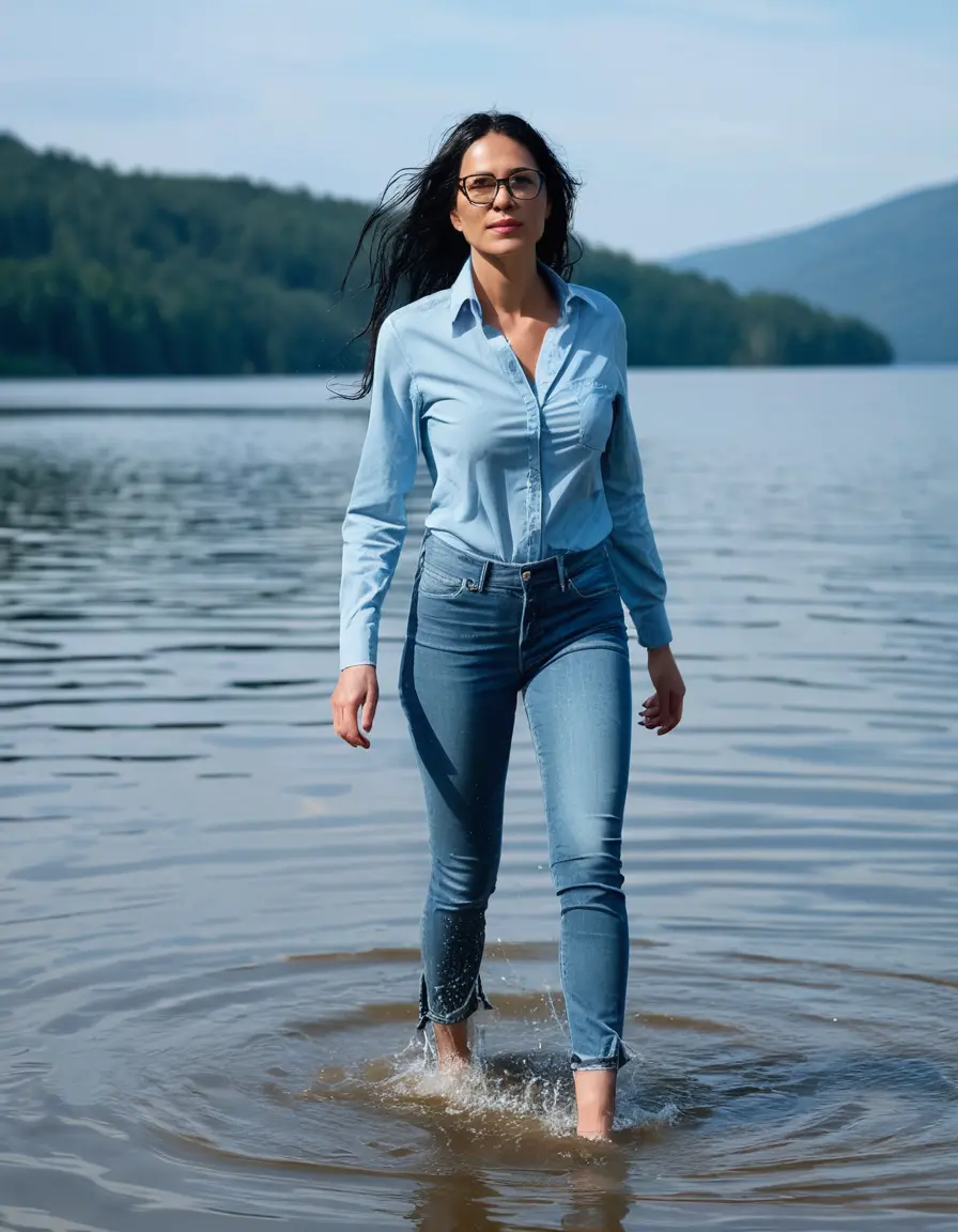 photo of young woman, in soaking wet, drenched clothes,
Stilletto heels, long light blue tight jeans, light blue jeans shirt with long sleeves over jeans, walking in Sunny Deep lake, 
enjoying, wet clothes stuck to body,
detailed textures of the wet clothes, wet face, wet plastered hair,
wet, drenched, professional, high-quality details, full body view.
sharp focus, ultra-high pixel detail, realistic, high-quality, full colors, incredibly detailed, 4k, 8k, 16k, hyper-realistic, RAW photo, masterpiece, ultra-detailed, professionally color graded, professional photograph, woman 51 years old, long black hair, very big and thick lips, office light glasses, complete body
