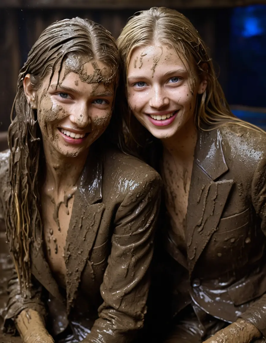 photo of young woman, in soaking wet, drenched clothes,
, Long very muddy suit pants, Full muddy ruined fully-opened unbuttoned blazer like a fancy uniform over topless exposed small boobs., Dark muddy indoor disco club with a mud-filled deep hot tub. Mud splashed walls, very dark mood lighting with pink and blue neon lights. Muddy furnitures and mud-covered chairs and sofas in the background., 
enjoying, wet clothes stuck to body,
detailed textures of the wet clothes, wet face, wet plastered hair,
wet, drenched, professional, high-quality details, full body view.
sharp focus, ultra-high pixel detail, realistic, high-quality, full colors, incredibly detailed, 4k, 8k, 16k, hyper-realistic, RAW photo, masterpiece, ultra-detailed, professionally color graded, professional photograph, Two young-looking pretty cute innocent blonde teen 16 years old beautiful girls are sitting submerged in a deep muddy hot tub after a full dip in it while they are hugging each other. Their waists are below the mud level. They are wearing their fully and heavily mud-covered unbuttoned and opened suits over their muddy topless boobs. Thick mud on their blazers and pants. Every small details of the clothes are muddy, muddy beautiful faces, muddy chests and boobs. Their blazer has the same colour as their muddy pants. They are proudly wearing their expensive open blazers. The classy elegant disco club is totally destroyed by mud, mud spots everywhere, mud flows down on the walls, mud on the furnitures in the background. Straight very long open wavy hairstyle, muddy hair, smiling and beautiful muddy faces, blue eyes, earrings, lipstick. The girls are enjoying to being total muddy in the muddy hot tub, being sexy, naughty while they are enjoying the muddy fetish party. Realistic muddy boobs and photorealistic detailed smiling facial expressions. Intimate close-up picture about the girls. Close-up photo, highly realistic representation, ultra sharp focus, highly photorealistic detailed textures, highly photorealistic detailed facial features and expressions, highly photorealistic hands, highly emotional reactions, highly best quality, highly sharp photorealistic image, highly photorealistic details, full UHD resolution, 32 K, very high level of detail and image sharpness, zoomed in