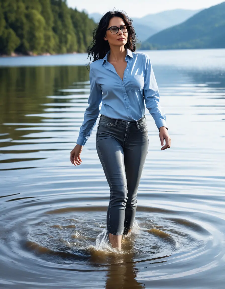 photo of young woman, in soaking wet, drenched clothes,
Stilletto heels, long gray tight jeans, light blue jeans shirt with longvsleeves , walking in Sunny Deep lake, 
enjoying, wet clothes stuck to body,
detailed textures of the wet clothes, wet face, wet plastered hair,
wet, drenched, professional, high-quality details, full body view.
sharp focus, ultra-high pixel detail, realistic, high-quality, full colors, incredibly detailed, 4k, 8k, 16k, hyper-realistic, RAW photo, masterpiece, ultra-detailed, professionally color graded, professional photograph, woman 51 years old, medium black hair, very big and thick lips, office light glasses, complete body