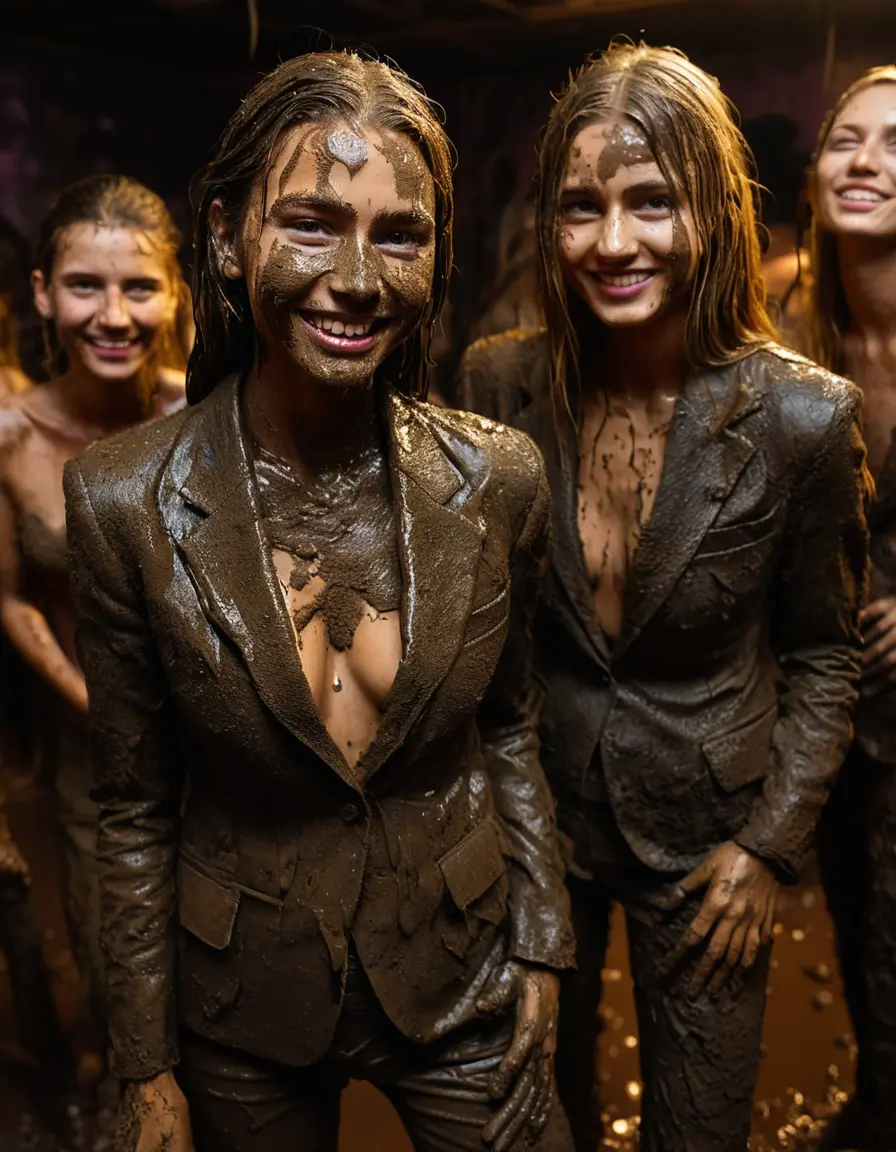 photo of young woman, in soaking wet, drenched clothes,
Muddy high heels, Long very muddy suit pants, Full muddy ruined fully-opened unbuttoned blazer like a fancy uniform over topless exposed small boobs., Dark muddy indoor disco club at night with a mud-filled deep pool on the dance floor. Mud splashed walls, very dark mood lighting with pink and blue neon lights from above. Muddy chairs and sofas in the background., 
enjoying, wet clothes stuck to body,
detailed textures of the wet clothes, wet face, wet plastered hair,
wet, drenched, professional, high-quality details, full body view.
sharp focus, ultra-high pixel detail, realistic, high-quality, full colors, incredibly detailed, 4k, 8k, 16k, hyper-realistic, RAW photo, masterpiece, ultra-detailed, professionally color graded, professional photograph, Two young-looking pretty cute innocent blonde teen 12 years old beautiful girls are playing together submerged in a crowded deep muddy pool after a full dip in it while they are hugging each other during the muddy indoor disco party at night. Their waists are below the mud level. They are proudly wearing their fully and heavily mud-covered unbuttoned and opened suits over their muddy topless small boobs. Thick mud on their blazers and pants. Every small details of the clothes are muddy, muddy beautiful faces, muddy chests and boobs. Their blazer has the same colour as their muddy pants. There are small group of similar muddy clubbing teen girls in the near background. The classy elegant disco club is totally destroyed by mud, mud spots everywhere, mud flows down on the walls, mud on the furnitures in the background. Straight very long open wavy hairstyle, muddy hair, smiling and beautiful muddy faces, blue eyes, earrings, lipstick. The girls are enjoying to being total muddy in the muddy pool, being sexy, naughty while they are enjoying the muddy fetish party. Realistic muddy boobs and photorealistic detailed smiling facial expressions. Intimate close-up picture about the girls. Close-up photo, highly realistic representation, ultra sharp focus, highly photorealistic detailed textures, highly photorealistic detailed facial features and expressions, highly photorealistic hands, highly emotional reactions, highly best quality, highly sharp photorealistic image, highly photorealistic details, full UHD resolution, 32 K, very high level of detail and image sharpness, zoomed in