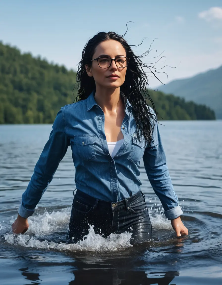photo of young woman, in soaking wet, drenched clothes,
sport shoes, long tight blue jeans, blue jeans shirt with long sleeves, walking in sunny deep lake, 
enjoying, wet clothes stuck to body,
detailed textures of the wet clothes, wet face, wet plastered hair,
wet, drenched, professional, high-quality details, full body view.
sharp focus, ultra-high pixel detail, realistic, high-quality, full colors, incredibly detailed, 4k, 8k, 16k, hyper-realistic, RAW photo, masterpiece, ultra-detailed, professionally color graded, professional photograph, mature woman, 51 years old, complete body, long black hair, very big lips, office glasses