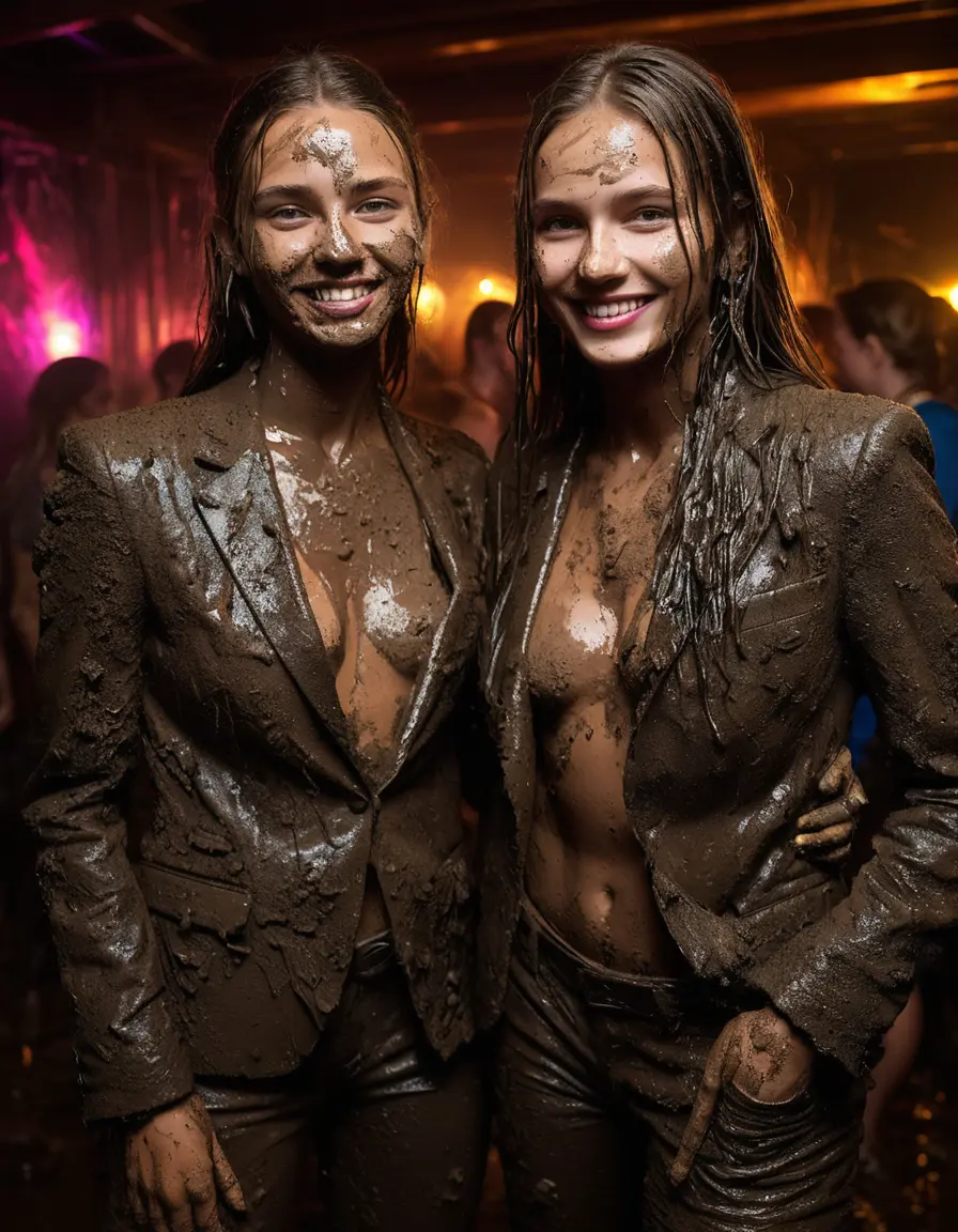 photo of young woman, in soaking wet, drenched clothes,
Muddy high heels, Long very muddy suit pants, Full muddy ruined fully-opened unbuttoned blazer like a fancy uniform over topless exposed small boobs., Dark muddy indoor disco club at night with a very deep mud pool on the dance floor. Mud splashed walls, dripping mud from above, very dark mood lighting with pink and blue neon lights from above., 
enjoying, wet clothes stuck to body,
detailed textures of the wet clothes, wet face, wet plastered hair,
wet, drenched, professional, high-quality details, full body view.
sharp focus, ultra-high pixel detail, realistic, high-quality, full colors, incredibly detailed, 4k, 8k, 16k, hyper-realistic, RAW photo, masterpiece, ultra-detailed, professionally color graded, professional photograph, Two very young-looking pretty cute innocent blonde teen 16 years old beautiful girls are standing together and hugging in a crowded deep muddy pool after a full dip during the crazy muddy indoor disco party at night for a professional photo. Their legs and thighs are below the mud level of the pool. They are proudly wearing their fully and heavily mud-covered unbuttoned and opened suits over their exposed muddy topless small boobs. Thick mud on their blazers and pants. Every small details of the clothes are muddy, muddy beautiful faces, muddy chests and boobs. Their blazer has the same colour as their muddy pants. There are small group of similar muddy clubbing teen girls in the near background. The classy elegant disco club is totally destroyed by mud, mud spots everywhere, mud flows down on the walls, mud on the furnitures in the background. Straight very long open wavy hairstyle, muddy hair, smiling and beautiful muddy faces, blue eyes, earrings, lipstick. The girls are enjoying to being total muddy in the muddy pool, being sexy, naughty while they are enjoying the muddy fetish party. Realistic muddy boobs and photorealistic detailed smiling facial expressions. Intimate close-up picture about the girls. Close-up photo, highly realistic representation, ultra sharp focus, highly photorealistic detailed textures, highly photorealistic detailed facial features and expressions, highly photorealistic hands, highly emotional reactions, highly best quality, highly sharp photorealistic image, highly photorealistic details, full UHD resolution, 32 K, very high level of detail and image sharpness, zoomed in