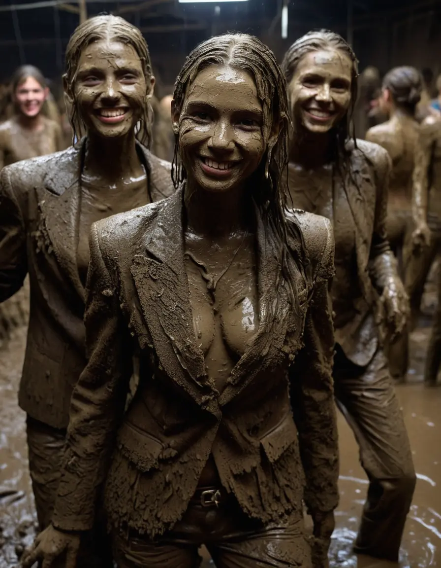 photo of young woman, in soaking wet, drenched clothes,
Muddy high heels, Long very muddy suit pants, Full muddy ruined fully-opened unbuttoned blazer like a fancy uniform over topless exposed small boobs., Dark muddy indoor disco club at night with a mud-filled deep pool on the dance floor. Mud splashed walls, very dark mood lighting with pink and blue neon lights. Muddy furnitures and mud-covered chairs and sofas in the background., 
enjoying, wet clothes stuck to body,
detailed textures of the wet clothes, wet face, wet plastered hair,
wet, drenched, professional, high-quality details, full body view.
sharp focus, ultra-high pixel detail, realistic, high-quality, full colors, incredibly detailed, 4k, 8k, 16k, hyper-realistic, RAW photo, masterpiece, ultra-detailed, professionally color graded, professional photograph, Two young-looking pretty cute innocent blonde teen 16 years old beautiful girls are playing together in a crowded deep muddy pool after a full dip in it while they are hugging each other during the muddy indoor disco party at night. Their waists are below the mud level. They are proudly wearing their fully and heavily mud-covered unbuttoned and opened suits over their muddy topless small boobs. Thick mud on their blazers and pants. Every small details of the clothes are muddy, muddy beautiful faces, muddy chests and boobs. Their blazer has the same colour as their muddy pants. There are small group of similar muddy clubbing teen girls in the near background. The classy elegant disco club is totally destroyed by mud, mud spots everywhere, mud flows down on the walls, mud on the furnitures in the background. Straight very long open wavy hairstyle, muddy hair, smiling and beautiful muddy faces, blue eyes, earrings, lipstick. The girls are enjoying to being total muddy in the muddy pool, being sexy, naughty while they are enjoying the muddy fetish party. Realistic muddy boobs and photorealistic detailed smiling facial expressions. Intimate close-up picture about the girls. Close-up photo, highly realistic representation, ultra sharp focus, highly photorealistic detailed textures, highly photorealistic detailed facial features and expressions, highly photorealistic hands, highly emotional reactions, highly best quality, highly sharp photorealistic image, highly photorealistic details, full UHD resolution, 32 K, very high level of detail and image sharpness, zoomed in