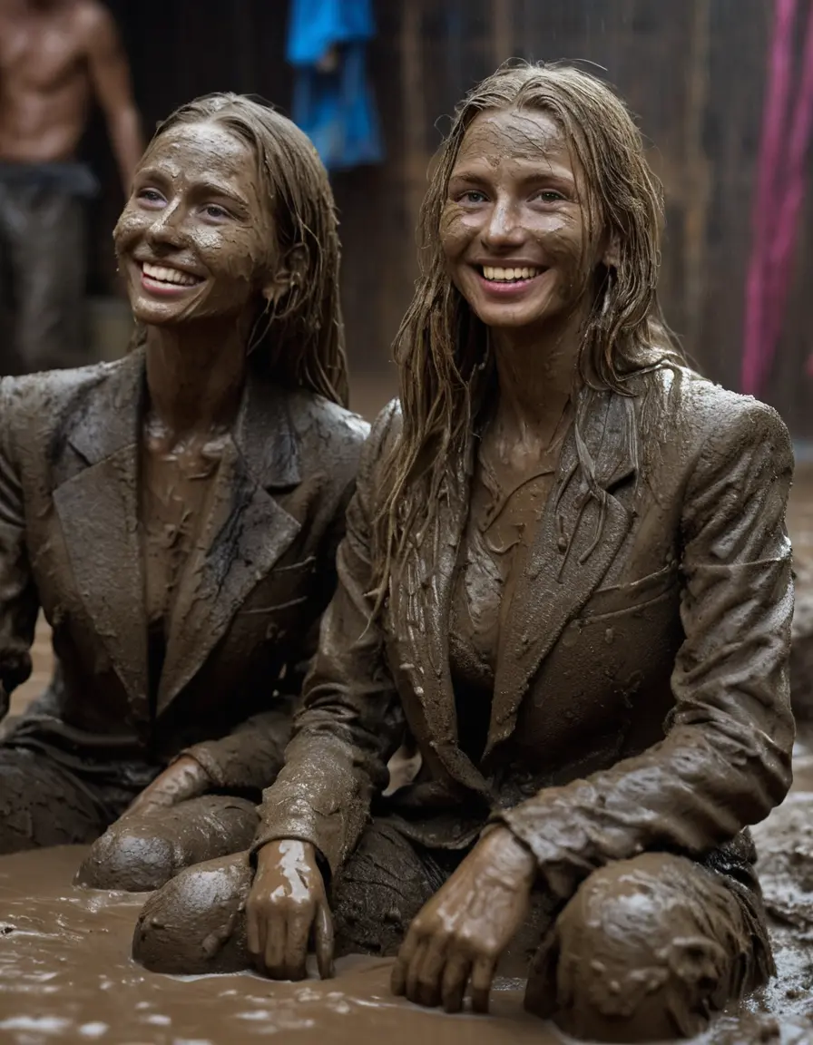 photo of young woman, in soaking wet, drenched clothes,
, Long very muddy suit pants, Full muddy ruined fully-opened unbuttoned blazer like a fancy uniform over topless with too large cleavage and exposed big boobs., Muddy party in a dark muddy indoor disco club. Mud splashed walls, very dark mood lighting with pink and blue neon lights. Muddy furnitures and mud-covered chairs and sofas in the background., 
enjoying, wet clothes stuck to body,
detailed textures of the wet clothes, wet face, wet plastered hair,
wet, drenched, professional, high-quality details, full body view.
sharp focus, ultra-high pixel detail, realistic, high-quality, full colors, incredibly detailed, 4k, 8k, 16k, hyper-realistic, RAW photo, masterpiece, ultra-detailed, professionally color graded, professional photograph, Two young-looking pretty cute innocent blonde teen 16 years old beautiful girls are sitting submerged in a deep muddy hot tub after a full dip in it while they are hugging each other. Their waists are below the mud level. They are wearing their fully and heavily mud-covered unbuttoned and opened suits over their muddy topless boobs. Thick mud on their blazers and pants. Every small details of the clothes are muddy, muddy beautiful faces, muddy chests and boobs. Their blazer has the same colour as their muddy pants. They are proudly wearing their expensive open blazers. The classy elegant disco club is totally destroyed by mud, mud spots everywhere, mud flows down on the walls, mud on the furnitures in the background. Straight very long open wavy hairstyle, muddy hair, smiling and beautiful muddy faces, blue eyes, earrings, lipstick. The girls are enjoying to being total muddy in the muddy hot tub, being sexy, naughty while they are enjoying the muddy fetish party. Realistic muddy boobs and photorealistic detailed smiling facial expressions. Intimate close-up picture about the girls. Close-up photo, highly realistic representation, ultra sharp focus, highly photorealistic detailed textures, highly photorealistic detailed facial features and expressions, highly photorealistic hands, highly emotional reactions, highly best quality, highly sharp photorealistic image, highly photorealistic details, full UHD resolution, 32 K, very high level of detail and image sharpness, zoomed in