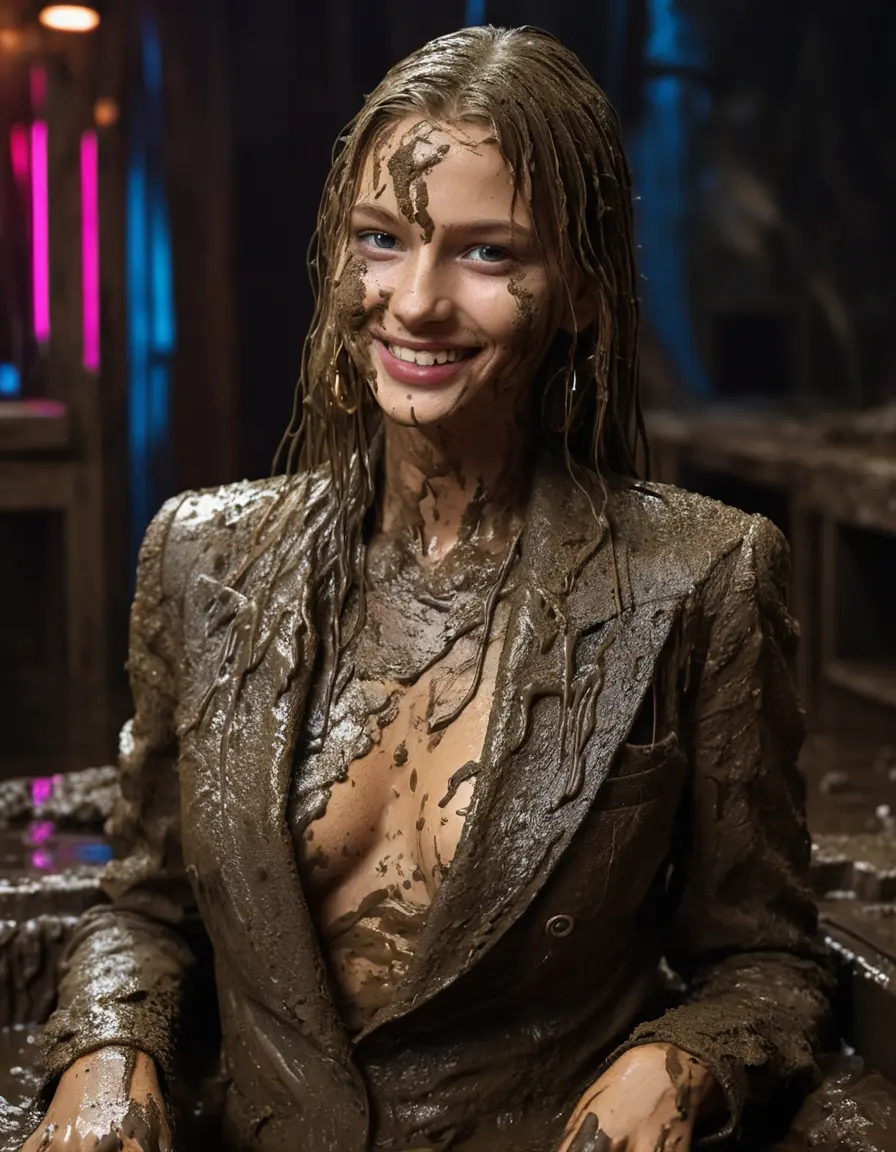 photo of young woman, in soaking wet, drenched clothes,
, Long very muddy suit pants, Full muddy ruined fully-opened blazer like a fancy uniform over topless with too large cleavage and exposed big boobs., Muddy party in a dark muddy indoor disco club. Mud splashed walls, very dark mood lighting with pink and blue neon lights. Muddy furnitures and mud-covered chairs and sofas in the background., 
enjoying, wet clothes stuck to body,
detailed textures of the wet clothes, wet face, wet plastered hair,
wet, drenched, professional, high-quality details, full body view.
sharp focus, ultra-high pixel detail, realistic, high-quality, full colors, incredibly detailed, 4k, 8k, 16k, hyper-realistic, RAW photo, masterpiece, ultra-detailed, professionally color graded, professional photograph, Two young pretty cute innocent blonde teen 16 years old beautiful girls are sitting submerged in a deep muddy hot tub after a full dip in it while they are hugging each other. Their waists are below the mud level. They are wearing their fully and heavily mud-covered opened suits with too large and wide cleavages. Thick mud on their blazers. Every small details of the clothes are muddy, muddy faces, muddy chests and boobs. Their blazer has the same colour as their muddy pants. They are proudly wearing their expensive open blazers and flaunting their large cleavages. The classy elegant disco club is totally destroyed by mud, mud spots everywhere, mud flows down on the walls, mud on the furnitures in the background. Straight very long open wavy hairstyle, muddy hair, smiling and beautiful muddy faces, blue eyes, earrings, lipstick. The girls are enjoying to being total muddy in the muddy hot tub, being sexy, naughty while they are enjoying the muddy fetish party. Realistic muddy boobs and photorealistic detailed smiling facial expressions. Intimate close-up picture about the girls. Close-up photo, highly realistic representation, ultra sharp focus, highly photorealistic detailed textures, highly photorealistic detailed facial features and expressions, highly photorealistic hands, highly emotional reactions, highly best quality, highly sharp photorealistic image, highly photorealistic details, full UHD resolution, 32 K, very high level of detail and image sharpness, zoomed in
