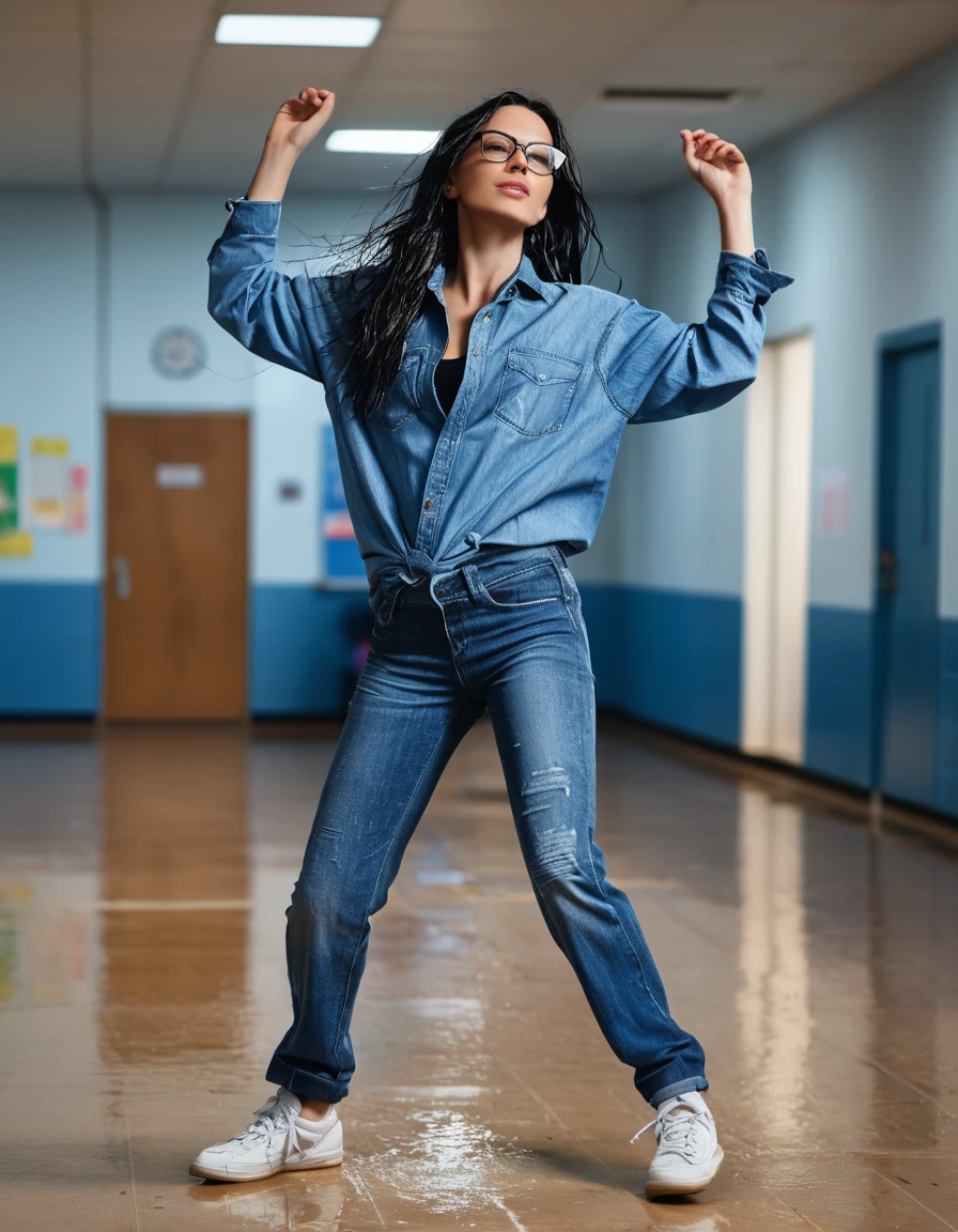 photo of young woman, in soaking wet, drenched clothes,
Sport shoes , long blue jeans, blue denim shirt, dancing in the school hall, 
enjoying, wet clothes stuck to body,
detailed textures of the wet clothes, wet face, wet plastered hair,
wet, drenched, professional, high-quality details, full body view.
sharp focus, ultra-high pixel detail, realistic, high-quality, full colors, incredibly detailed, 4k, 8k, 16k, hyper-realistic, RAW photo, masterpiece, ultra-detailed, professionally color graded, professional photograph, woman 51 years old, long black hair, very big and thick lips, office glasses, complete body, open mouth