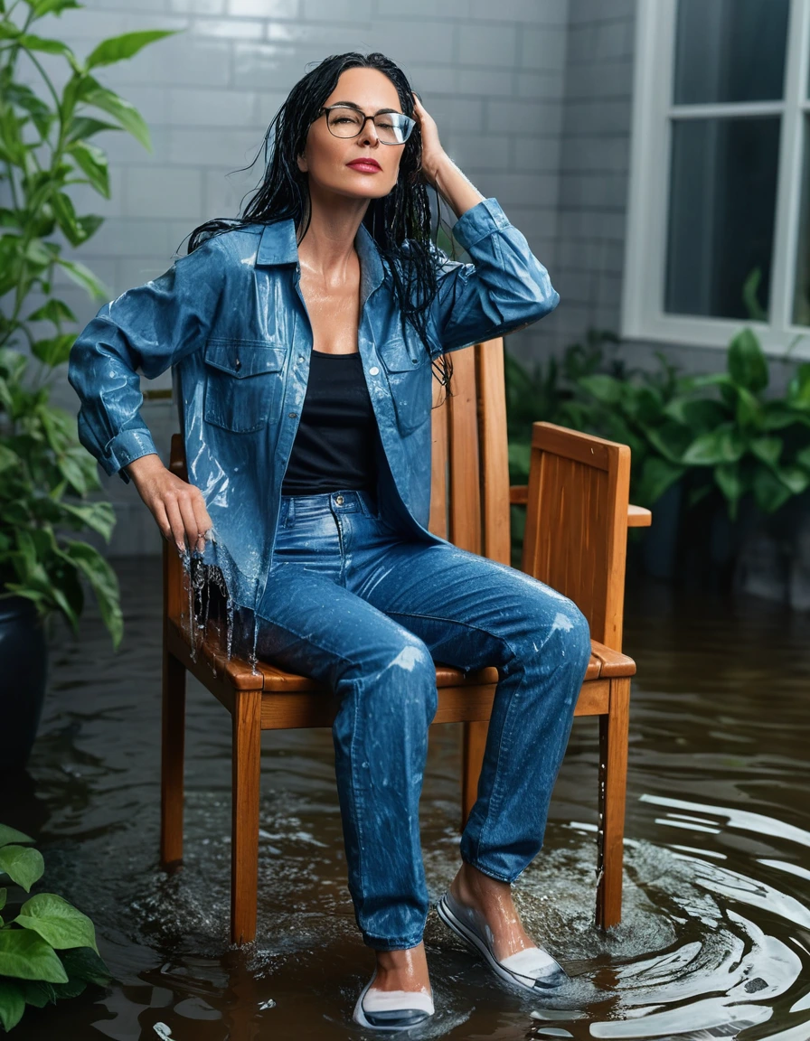 photo of young woman, in soaking wet, drenched clothes,
Sport shoes , long blue leather jeans, blue jeans shirt, taking shower on the chair in the flooded garden, 
enjoying, wet clothes stuck to body,
detailed textures of the wet clothes, wet face, wet plastered hair,
wet, drenched, professional, high-quality details, full body view.
sharp focus, ultra-high pixel detail, realistic, high-quality, full colors, incredibly detailed, 4k, 8k, 16k, hyper-realistic, RAW photo, masterpiece, ultra-detailed, professionally color graded, professional photograph, woman 51 years old, long black hair, very big and thick lips, office glasses, complete body, open mouth