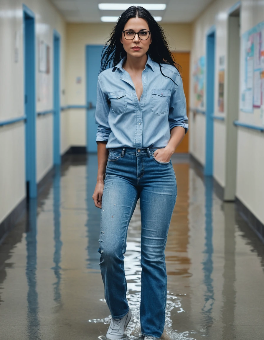 photo of young woman, in soaking wet, drenched clothes,
office shoes , long light blue jeans, light blue denim shirt, walking in the school hall, 
enjoying, wet clothes stuck to body,
detailed textures of the wet clothes, wet face, wet plastered hair,
wet, drenched, professional, high-quality details, full body view.
sharp focus, ultra-high pixel detail, realistic, high-quality, full colors, incredibly detailed, 4k, 8k, 16k, hyper-realistic, RAW photo, masterpiece, ultra-detailed, professionally color graded, professional photograph, woman 51 years old, long black hair, very big and thick lips, office glasses, complete body, open mouth