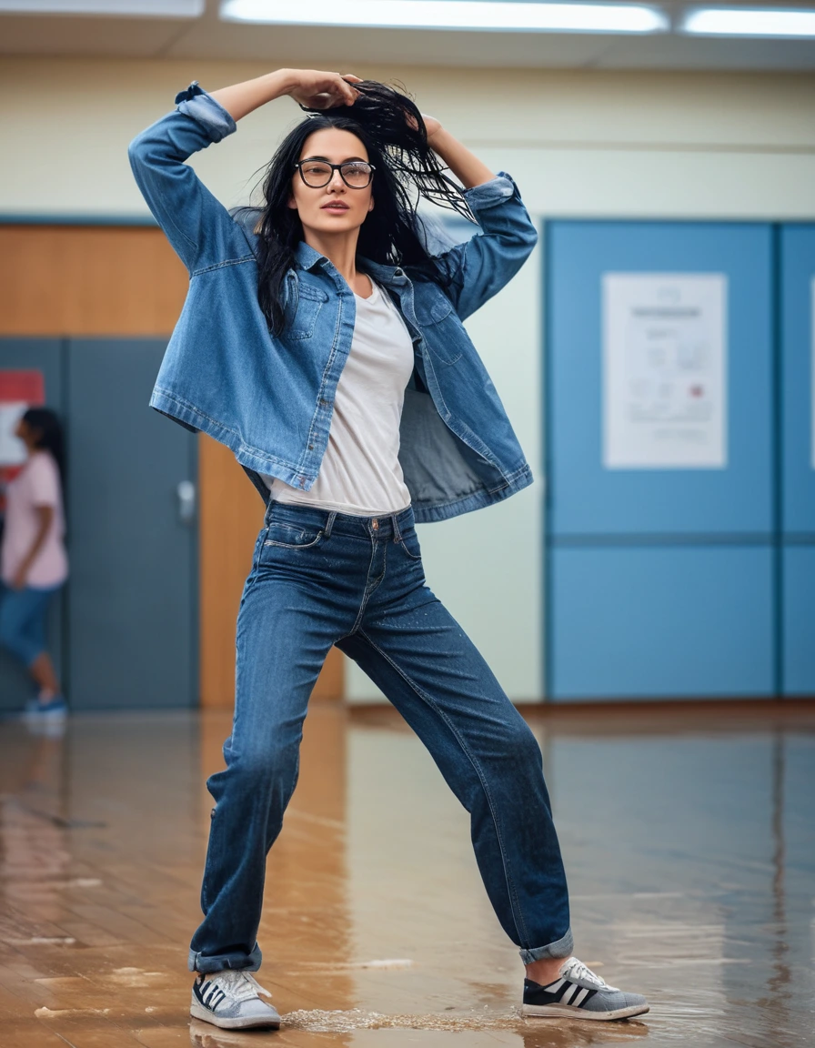 photo of young woman, in soaking wet, drenched clothes,
Sport shoes , long blue jeans, blue denim shirt, dancing in the school hall, 
enjoying, wet clothes stuck to body,
detailed textures of the wet clothes, wet face, wet plastered hair,
wet, drenched, professional, high-quality details, full body view.
sharp focus, ultra-high pixel detail, realistic, high-quality, full colors, incredibly detailed, 4k, 8k, 16k, hyper-realistic, RAW photo, masterpiece, ultra-detailed, professionally color graded, professional photograph, woman 51 years old, long black hair, very big and thick lips, office glasses, complete body, open mouth