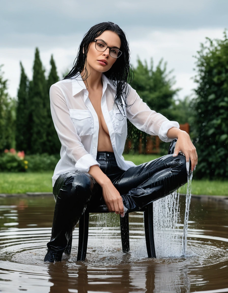 photo of young woman, in soaking wet, drenched clothes,
Sport shoes , long black leather jeansjeans, white silk satin shirthirt, taking shower on the chair in the flooded garden, 
enjoying, wet clothes stuck to body,
detailed textures of the wet clothes, wet face, wet plastered hair,
wet, drenched, professional, high-quality details, full body view.
sharp focus, ultra-high pixel detail, realistic, high-quality, full colors, incredibly detailed, 4k, 8k, 16k, hyper-realistic, RAW photo, masterpiece, ultra-detailed, professionally color graded, professional photograph, woman 51 years old, long black hair, very big and thick lips, office glasses, complete body, open mouth