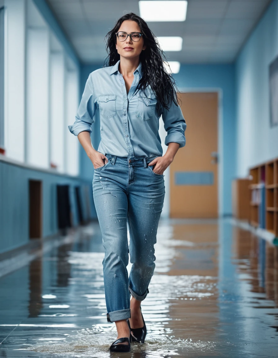 photo of young woman, in soaking wet, drenched clothes,
office shoes , long light blue jeans, light blue denim shirt, walking in the school hall, 
enjoying, wet clothes stuck to body,
detailed textures of the wet clothes, wet face, wet plastered hair,
wet, drenched, professional, high-quality details, full body view.
sharp focus, ultra-high pixel detail, realistic, high-quality, full colors, incredibly detailed, 4k, 8k, 16k, hyper-realistic, RAW photo, masterpiece, ultra-detailed, professionally color graded, professional photograph, woman 51 years old, long black hair, very big and thick lips, office glasses, complete body, open mouth