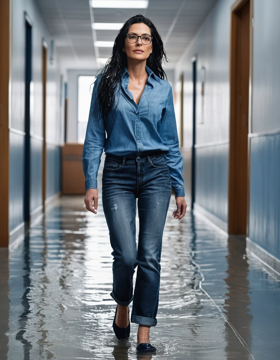 photo of young woman, in soaking wet, drenched clothes,
office shoes , long blue jeans, blue denim shirt, walking in the school hall, 
enjoying, wet clothes stuck to body,
detailed textures of the wet clothes, wet face, wet plastered hair,
wet, drenched, professional, high-quality details, full body view.
sharp focus, ultra-high pixel detail, realistic, high-quality, full colors, incredibly detailed, 4k, 8k, 16k, hyper-realistic, RAW photo, masterpiece, ultra-detailed, professionally color graded, professional photograph, woman 51 years old, long black hair, very big and thick lips, office glasses, complete body, open mouth