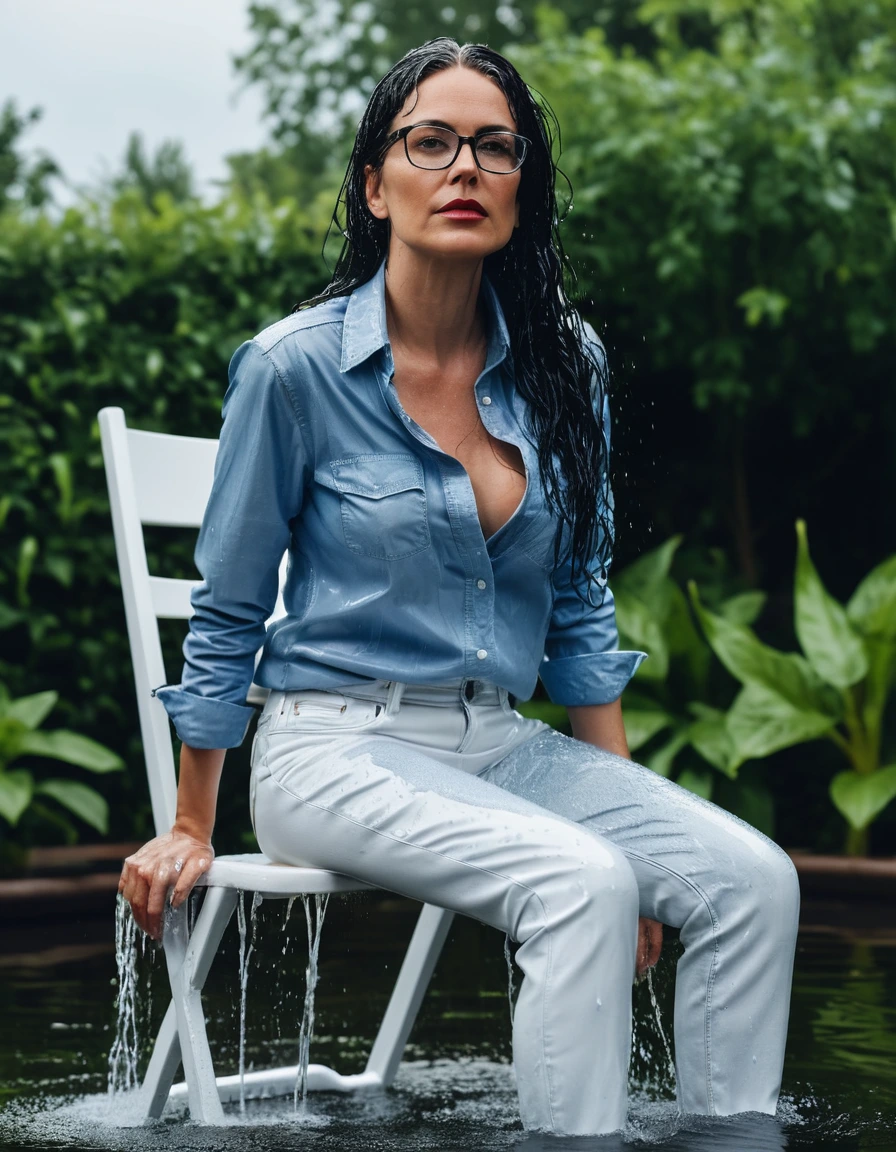photo of young woman, in soaking wet, drenched clothes,
Sport shoes , long white leather jeans, blue jeans shirt, taking shower on the chair in the flooded garden, 
enjoying, wet clothes stuck to body,
detailed textures of the wet clothes, wet face, wet plastered hair,
wet, drenched, professional, high-quality details, full body view.
sharp focus, ultra-high pixel detail, realistic, high-quality, full colors, incredibly detailed, 4k, 8k, 16k, hyper-realistic, RAW photo, masterpiece, ultra-detailed, professionally color graded, professional photograph, woman 51 years old, long black hair, very big and thick lips, office glasses, complete body, open mouth