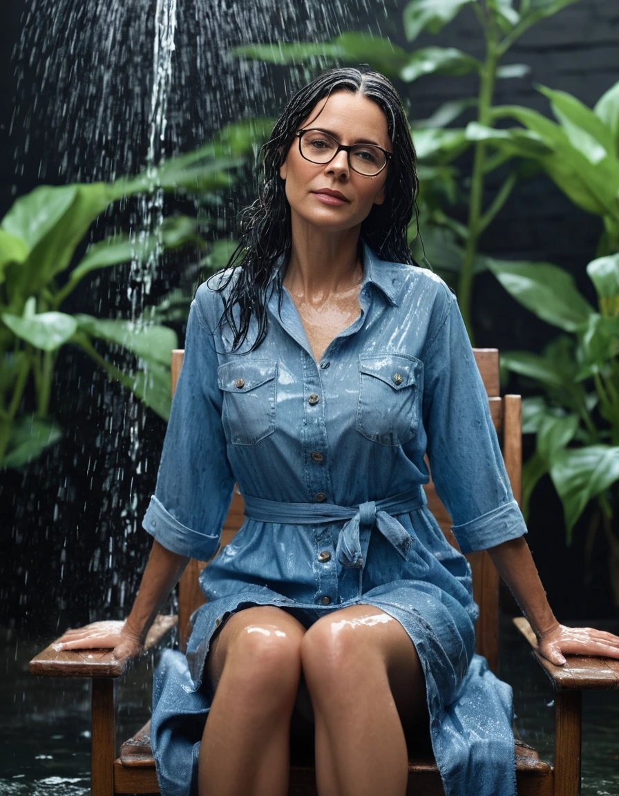 photo of young woman, in soaking wet, drenched clothes,
slippers, long jeans dress with short sleeves, buttons, pockets, cord, long jeans dress with short sleeves, buttons, pockets, cord, taking shower on the chair in the flooded garden, long black hair, thick lips, hands next body, long black hair, office glasses, open mouth, 
enjoying, wet clothes stuck to body,
detailed textures of the wet clothes, wet face, wet plastered hair,
wet, drenched, professional, high-quality details, full body view.
sharp focus, ultra-high pixel detail, realistic, high-quality, full colors, incredibly detailed, 4k, 8k, 16k, hyper-realistic, RAW photo, masterpiece, ultra-detailed, professionally color graded, professional photograph, mature brunette woman, 51 years old, complete body, very big lips, office glasses | wet light blue jeans dress, complete body
