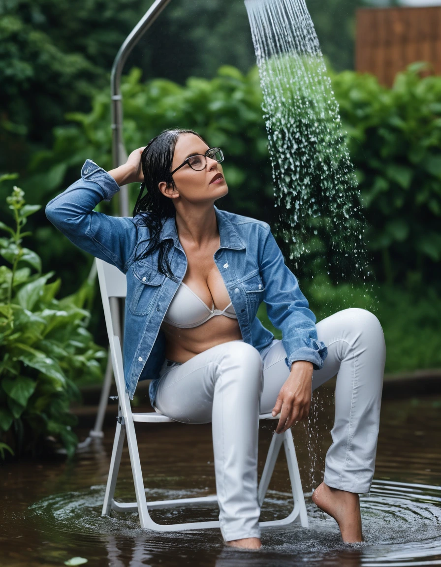 photo of young woman, in soaking wet, drenched clothes,
Sport shoes , long white leather jeans, blue jeans shirt, taking shower on the chair in the flooded garden, 
enjoying, wet clothes stuck to body,
detailed textures of the wet clothes, wet face, wet plastered hair,
wet, drenched, professional, high-quality details, full body view.
sharp focus, ultra-high pixel detail, realistic, high-quality, full colors, incredibly detailed, 4k, 8k, 16k, hyper-realistic, RAW photo, masterpiece, ultra-detailed, professionally color graded, professional photograph, woman 51 years old, long black hair, very big and thick lips, office glasses, complete body, open mouth