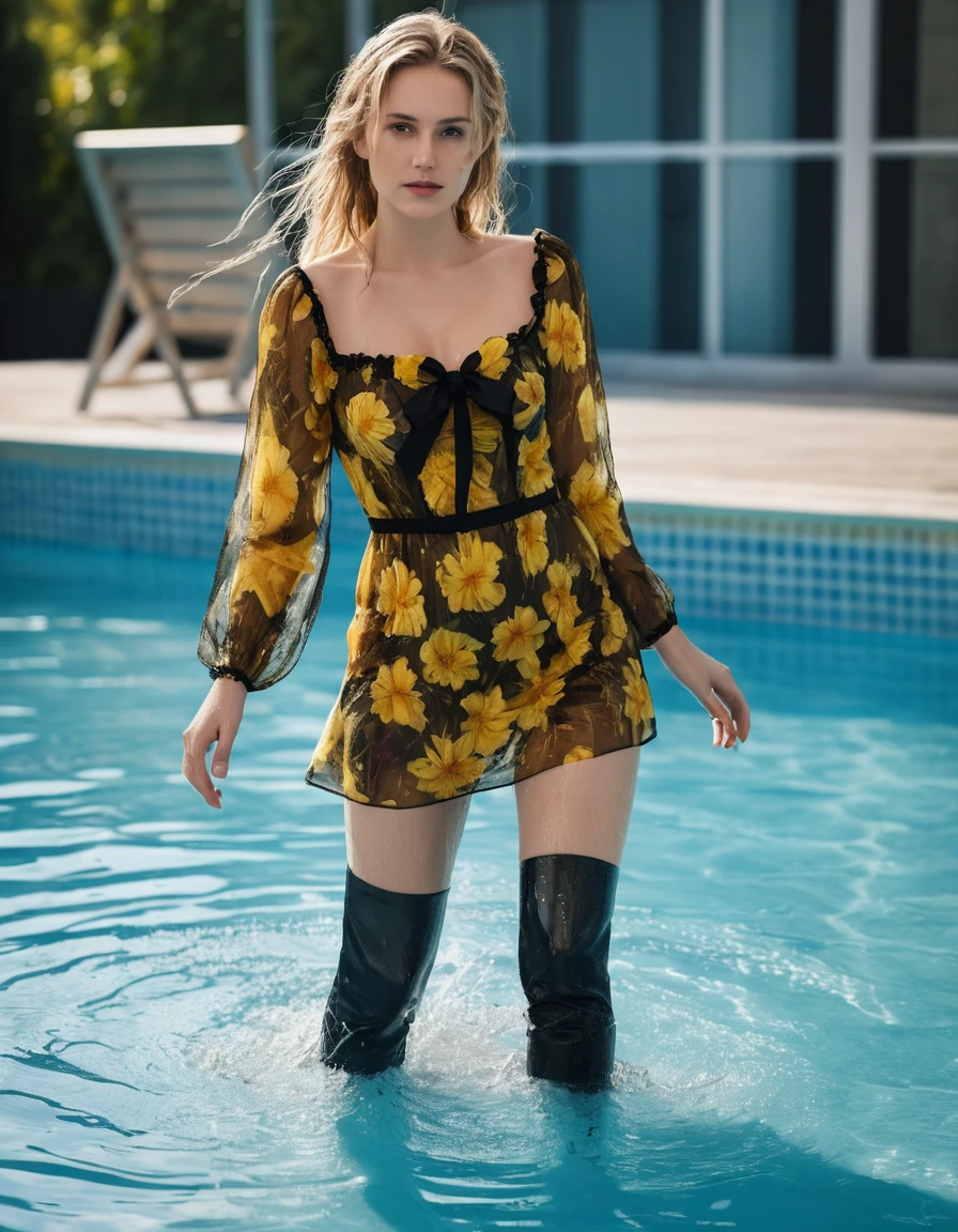 photo of young woman, in soaking wet, drenched clothes,
high heels, black pull-up stockings, garter belt, Long yellow floral skinny dress, full coverage, sleeves, walking out of a pool, 
enjoying, wet clothes stuck to body,
detailed textures of the wet clothes, wet face, wet plastered hair,
wet, drenched, professional, high-quality details, full body view.
sharp focus, ultra-high pixel detail, realistic, high-quality, full colors, incredibly detailed, 4k, 8k, 16k, hyper-realistic, RAW photo, masterpiece, ultra-detailed, professionally color graded, professional photograph, wet long blonde hair