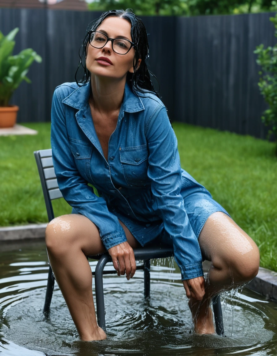 photo of young woman, in soaking wet, drenched clothes,
Sport shoes , midi tight blue jeans dress, midi tight blue jeans dress, taking shower on the chair in the flooded garden, 
enjoying, wet clothes stuck to body,
detailed textures of the wet clothes, wet face, wet plastered hair,
wet, drenched, professional, high-quality details, full body view.
sharp focus, ultra-high pixel detail, realistic, high-quality, full colors, incredibly detailed, 4k, 8k, 16k, hyper-realistic, RAW photo, masterpiece, ultra-detailed, professionally color graded, professional photograph, woman 51 years old, long black hair, very big and thick lips, office glasses, complete body, open mouth