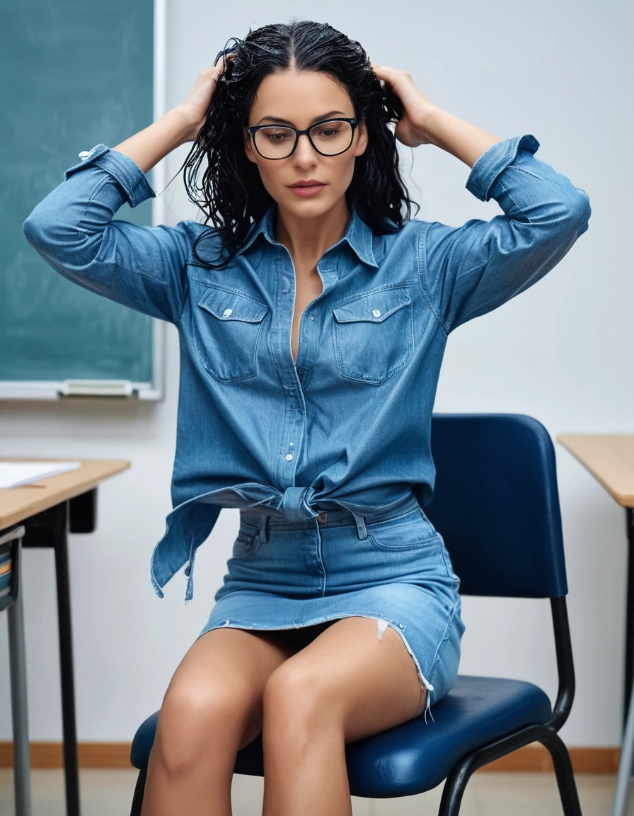 photo of young woman, in soaking wet, drenched clothes,
Sport shoes , midi light blue leather denim skirt , blue jeans shirt, teaching on the chair in classroom, 
enjoying, wet clothes stuck to body,
detailed textures of the wet clothes, wet face, wet plastered hair,
wet, drenched, professional, high-quality details, full body view.
sharp focus, ultra-high pixel detail, realistic, high-quality, full colors, incredibly detailed, 4k, 8k, 16k, hyper-realistic, RAW photo, masterpiece, ultra-detailed, professionally color graded, professional photograph, woman 51 years old, long black hair, very big and thick lips, office glasses, complete body, open mouth