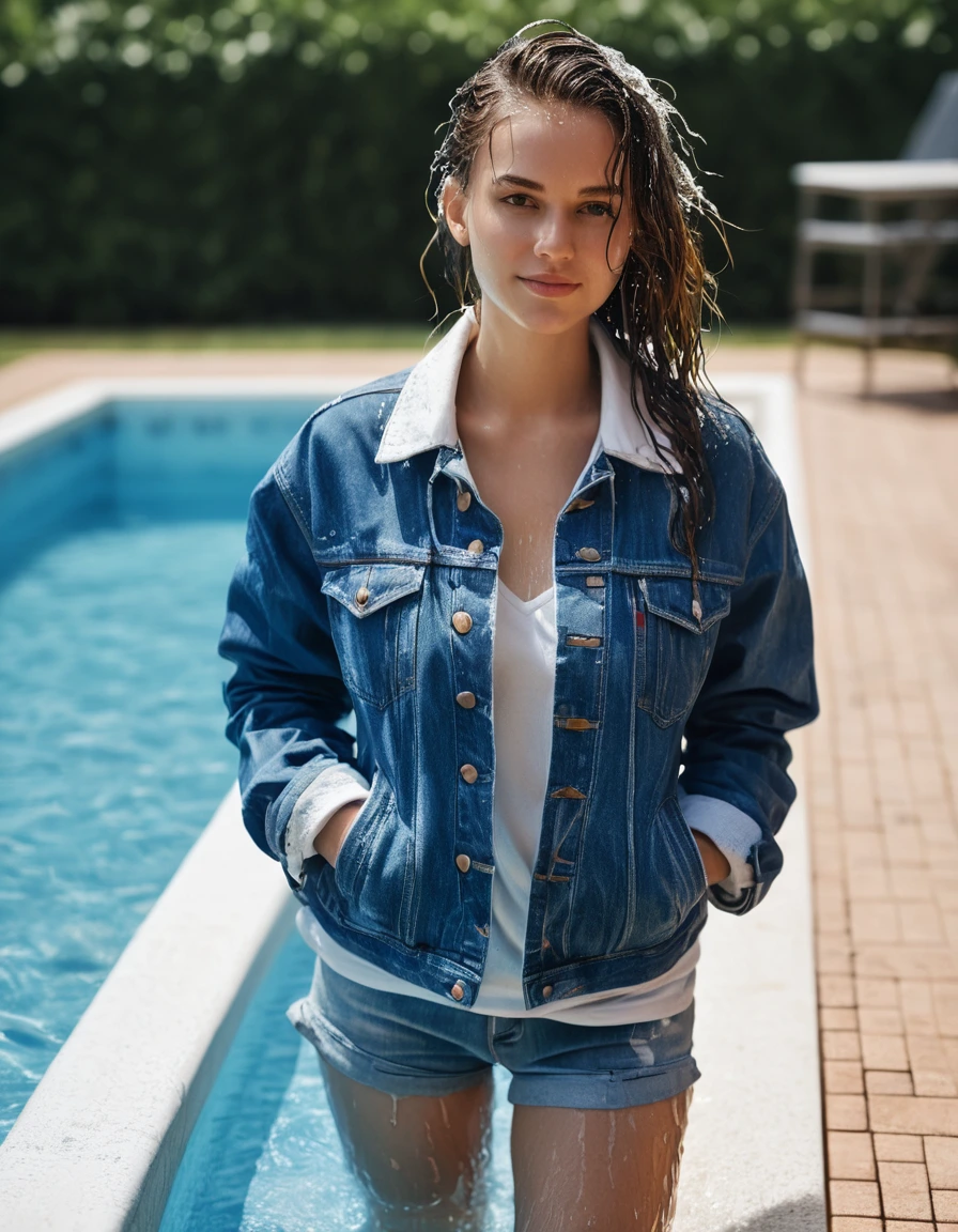 photo of young woman, in soaking wet, drenched clothes,
Socks, Blue jeans, White blouse and blue denim jacket, Pool, 
enjoying, wet clothes stuck to body,
detailed textures of the wet clothes, wet face, wet plastered hair,
wet, drenched, professional, high-quality details, full body view.
sharp focus, ultra-high pixel detail, realistic, high-quality, full colors, incredibly detailed, 4k, 8k, 16k, hyper-realistic, RAW photo, masterpiece, ultra-detailed, professionally color graded, professional photograph, Partially dry from shoulders up, standing in pool
