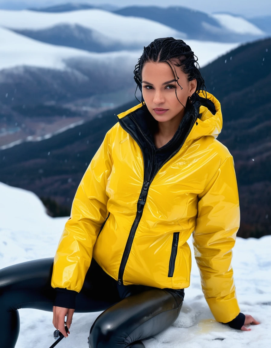 photo of young woman, in soaking wet, drenched clothes,
high heels, leather leggings, yellow transparent t-shirt, black wet shiny pvc puffer jacket, On a snowy mountain top, 
enjoying, wet clothes stuck to body,
detailed textures of the wet clothes, wet face, wet plastered hair,
wet, drenched, professional, high-quality details, full body view.
sharp focus, ultra-high pixel detail, realistic, high-quality, full colors, incredibly detailed, 4k, 8k, 16k, hyper-realistic, RAW photo, masterpiece, ultra-detailed, professionally color graded, professional photograph, fat, ebony mature, very big boobs