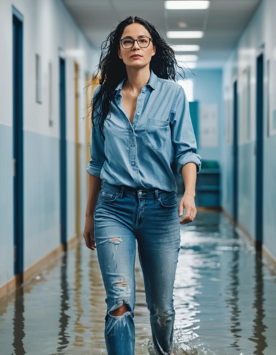 photo of young woman, in soaking wet, drenched clothes,
office shoes , long light blue jeans, light blue denim shirt, walking in the school hall, 
enjoying, wet clothes stuck to body,
detailed textures of the wet clothes, wet face, wet plastered hair,
wet, drenched, professional, high-quality details, full body view.
sharp focus, ultra-high pixel detail, realistic, high-quality, full colors, incredibly detailed, 4k, 8k, 16k, hyper-realistic, RAW photo, masterpiece, ultra-detailed, professionally color graded, professional photograph, woman 51 years old, long black hair, very big and thick lips, office glasses, complete body, open mouth