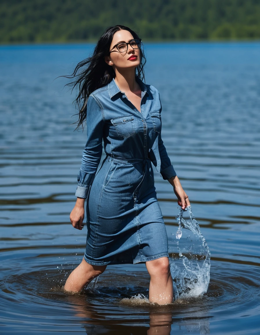 photo of young woman, in soaking wet, drenched clothes,
Sport shoes , midi tight blue jeans dress, midi tight blue jeans dress, walking in Sunny Deep lake, 
enjoying, wet clothes stuck to body,
detailed textures of the wet clothes, wet face, wet plastered hair,
wet, drenched, professional, high-quality details, full body view.
sharp focus, ultra-high pixel detail, realistic, high-quality, full colors, incredibly detailed, 4k, 8k, 16k, hyper-realistic, RAW photo, masterpiece, ultra-detailed, professionally color graded, professional photograph, woman 51 years old, long black hair, very big and thick lips, office glasses, complete body, open mouth