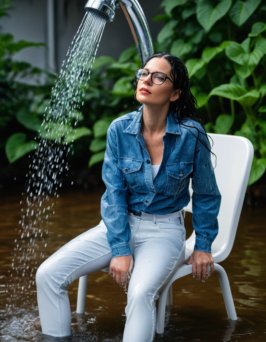 photo of young woman, in soaking wet, drenched clothes,
Sport shoes , long white leather jeans, blue jeans shirt, taking shower on the chair in the flooded garden, 
enjoying, wet clothes stuck to body,
detailed textures of the wet clothes, wet face, wet plastered hair,
wet, drenched, professional, high-quality details, full body view.
sharp focus, ultra-high pixel detail, realistic, high-quality, full colors, incredibly detailed, 4k, 8k, 16k, hyper-realistic, RAW photo, masterpiece, ultra-detailed, professionally color graded, professional photograph, woman 51 years old, long black hair, very big and thick lips, office glasses, complete body, open mouth