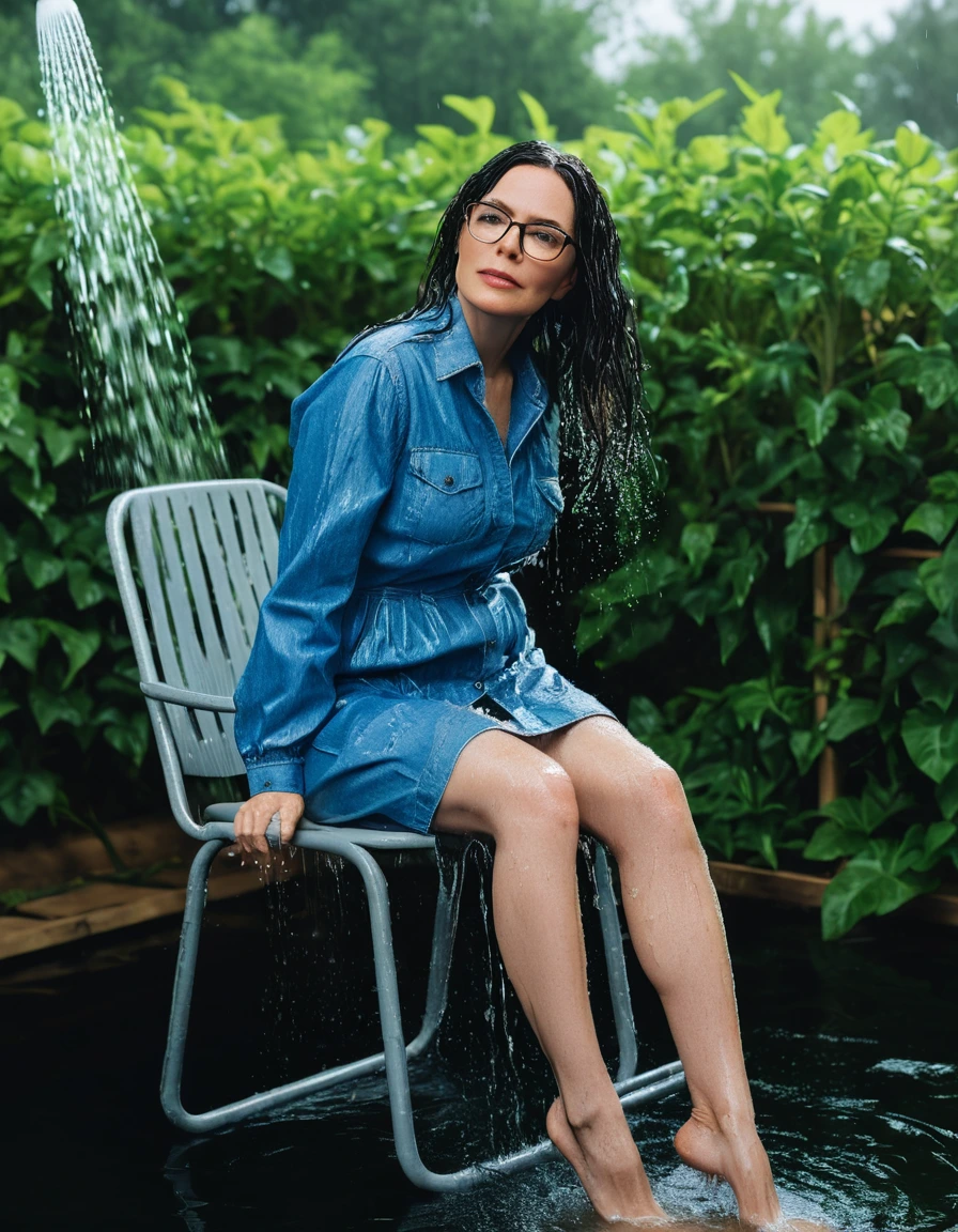 photo of young woman, in soaking wet, drenched clothes,
Sport shoes , midi tight blue jeans dress, midi tight blue jeans dress, taking shower on the chair in the flooded garden, 
enjoying, wet clothes stuck to body,
detailed textures of the wet clothes, wet face, wet plastered hair,
wet, drenched, professional, high-quality details, full body view.
sharp focus, ultra-high pixel detail, realistic, high-quality, full colors, incredibly detailed, 4k, 8k, 16k, hyper-realistic, RAW photo, masterpiece, ultra-detailed, professionally color graded, professional photograph, woman 51 years old, long black hair, very big and thick lips, office glasses, complete body, open mouth