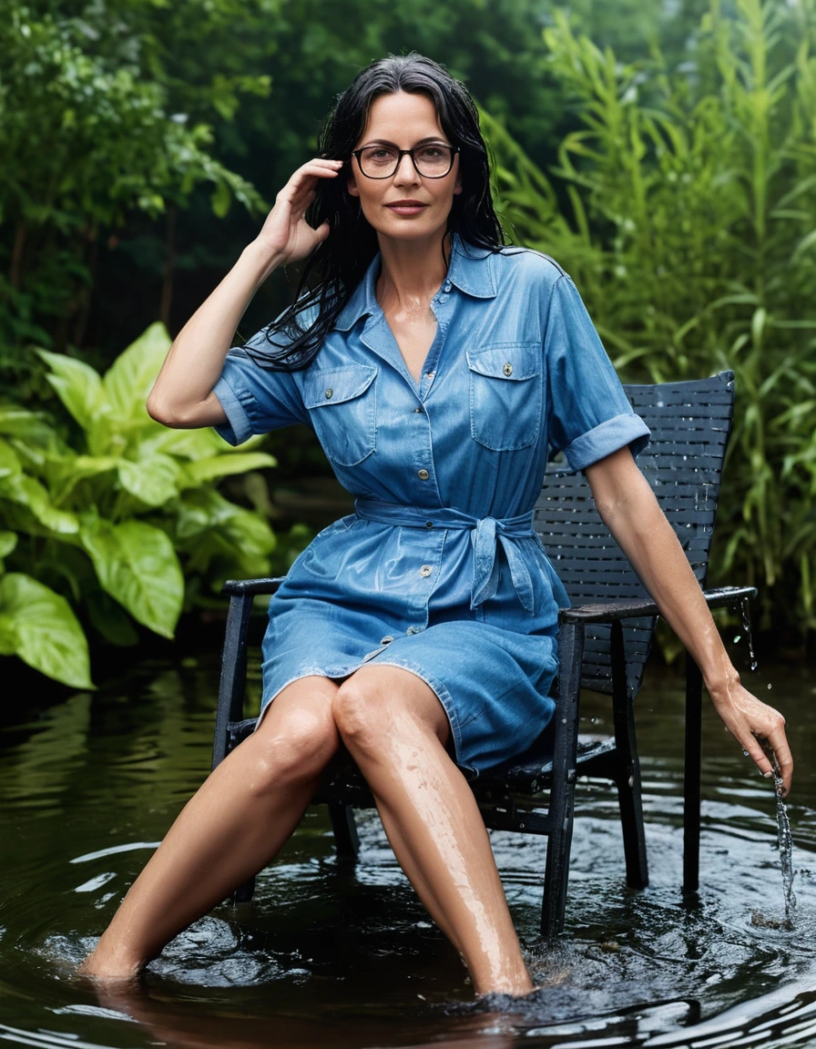 photo of young woman, in soaking wet, drenched clothes,
slippers, long jeans dress with short sleeves, buttons, pockets, cord, long jeans dress with short sleeves, buttons, pockets, cord, taking shower on the chair in the flooded garden, long black hair, thick lips, hands next body, long black hair, office glasses, open mouth, 
enjoying, wet clothes stuck to body,
detailed textures of the wet clothes, wet face, wet plastered hair,
wet, drenched, professional, high-quality details, full body view.
sharp focus, ultra-high pixel detail, realistic, high-quality, full colors, incredibly detailed, 4k, 8k, 16k, hyper-realistic, RAW photo, masterpiece, ultra-detailed, professionally color graded, professional photograph, mature brunette woman, 51 years old, complete body, very big lips, office glasses | wet light blue jeans dress, complete body